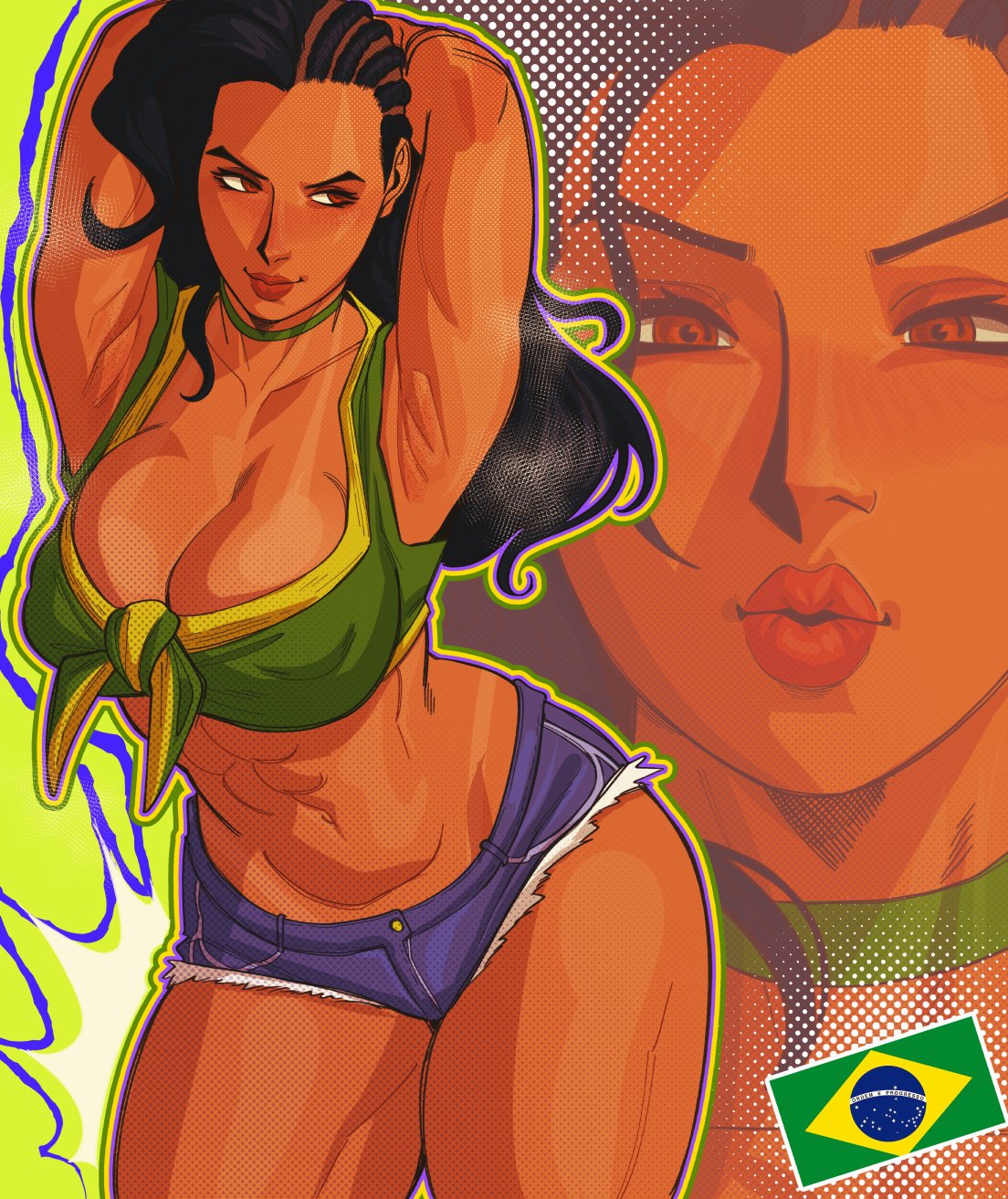 1girls abs armpit_stubble armpits asymmetrical_hair black_hair braided_hair brazilian brazilian_female cleavage cornrows dark-skinned_female dark_skin denim_shorts female female_focus female_only fully_clothed jean_shorts large_breasts laura_matsuda muscular_female nastacicnsfw solo solo_female solo_focus street_fighter street_fighter_v tan_body thick_thighs toned toned_female