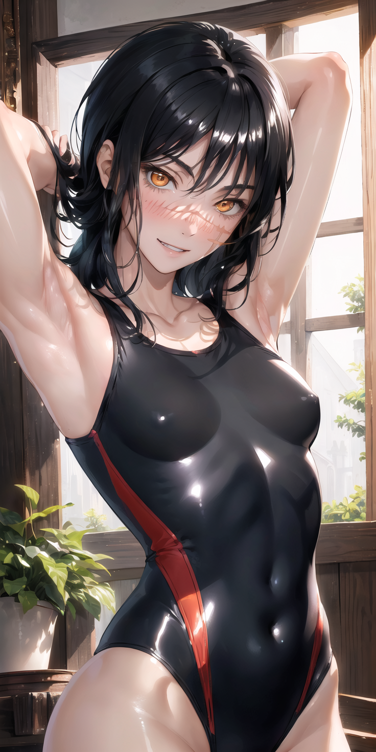 1girls ai_generated armpits arms_up breasts chainsaw_man female female_only nipples nipples_visible_through_clothing nonfuron small_breasts swimsuit tight_clothing yoru_(chainsaw_man)