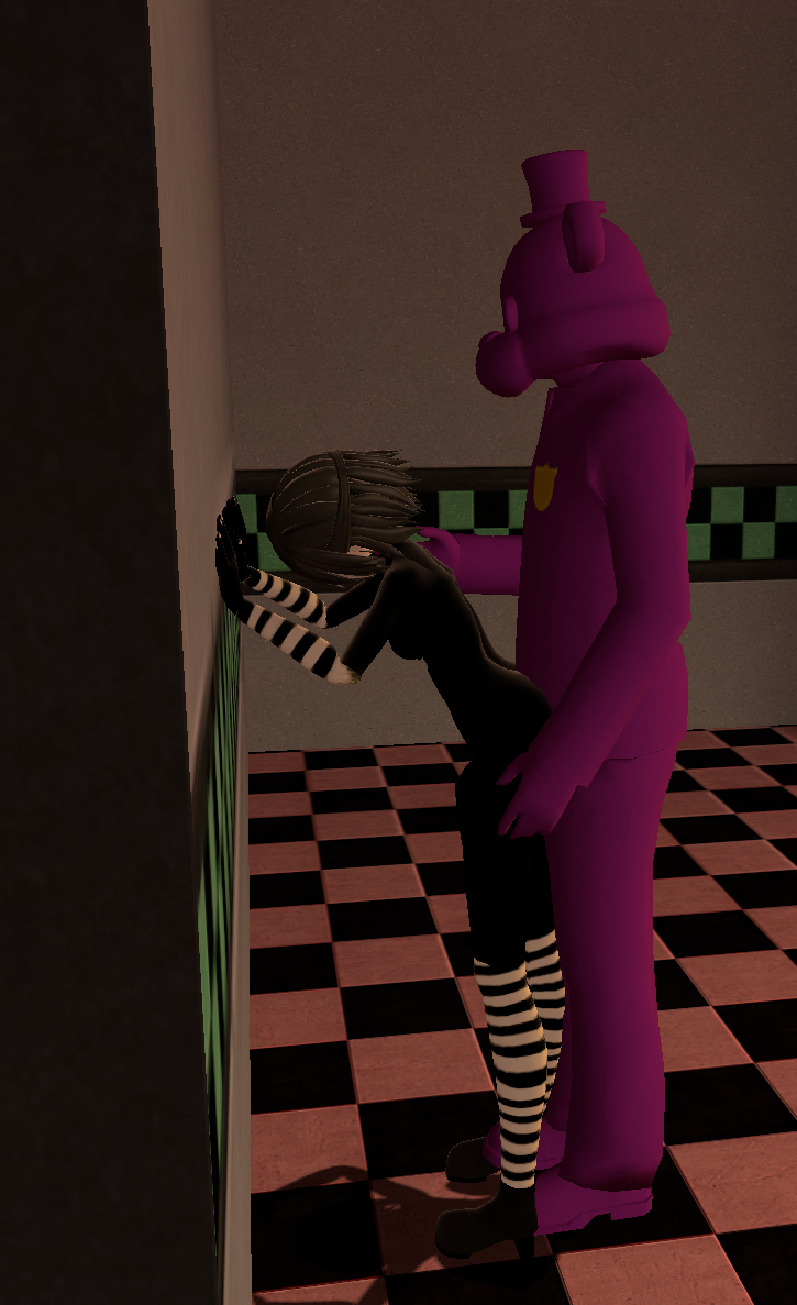 3d against_wall anime_girl ass_grab badge bear_ears bear_mask black_hair female_marionette_(fnaf) female_puppet_(fnaf) five_nights_at_freddy's freddy_(fnaf) fucked_from_behind grabbing_from_behind marionette_(fnaf) off_model pirate_cove puppet_(fnaf) purple_hat purple_skin side_view small_ass small_breasts striped_body striped_legwear tiled_floor william_afton work