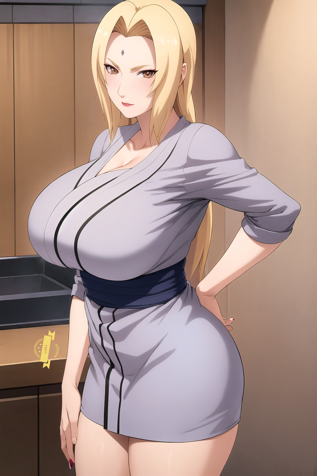1girls, ai generated, bare legs, barely clothed, big breasts, blonde hair, bottomless, breasts, brown eyes, cleavage, facial mark, female, female focus, forehead mark, huge breasts, kimono, large breasts, legs together, lipstick, makeup, mature, mature female, milf, mommy, nai diffusion, naruto, naruto (series), naruto shippuden, smile, stable diffusion, thick thighs, tsunade, very long hair, voluptuous