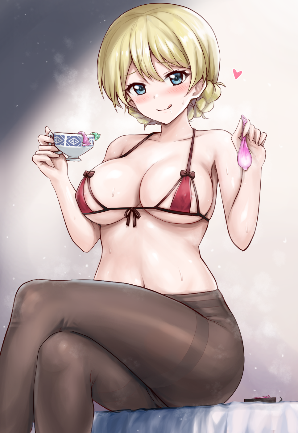 :q bikini bikini_top_only blonde_hair blue_eyes blush braid braided_bun breasts brown_pantyhose condom condom_in_hand crossed_legs cup darjeeling female girls_und_panzer hair_bun heart highres large_breasts licking_lips looking_at_viewer micro_bikini navel pantyhose r-binon red_bikini sitting sweat swimsuit teacup tongue tongue_out used_condom