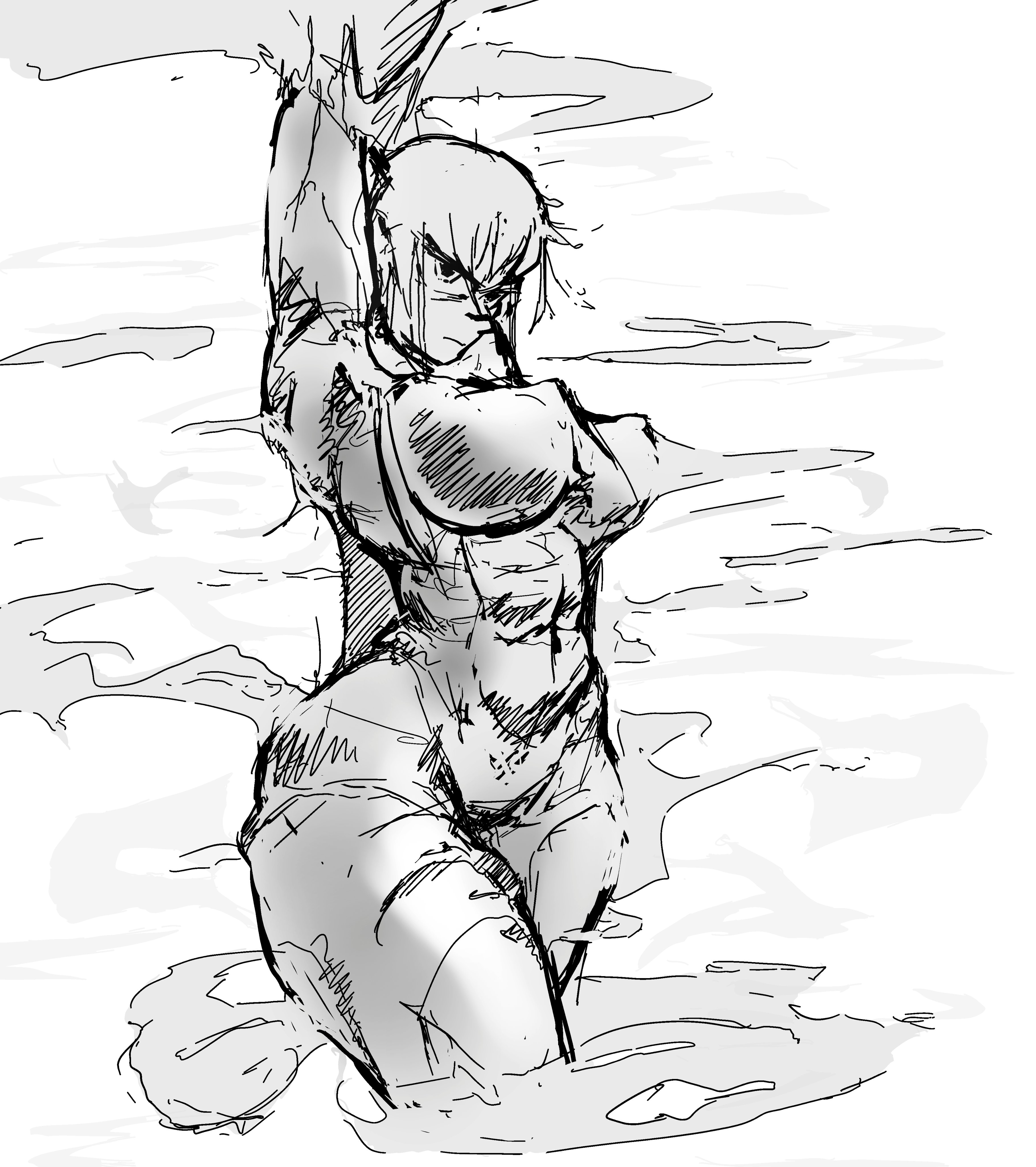1girls, abs, arms above head, big breasts, breasts, ceno0, ceno02, emotionless, female, female only, greyscale, human, muscular, muscular female, nipples, nude, nude female, original, original character, short hair, sketch, smoke, thick thighs, thighs