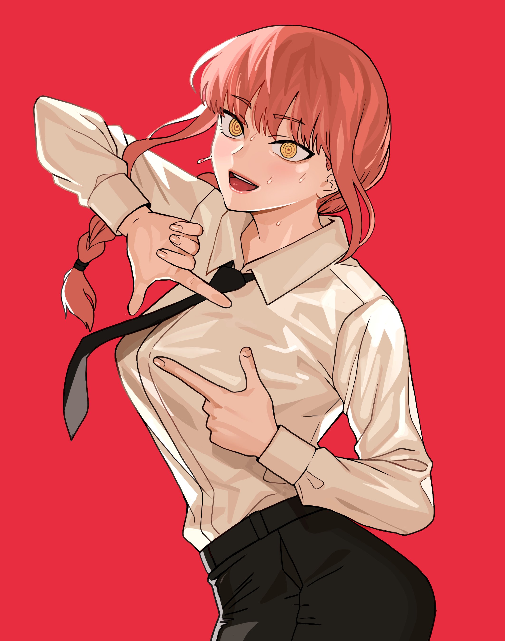 1girls, 2d, business suit, business woman, byunsang (artist), chainsaw man, female, female focus, female only, hi res, high resolution, looking at viewer, makima (chainsaw man), office lady, pose, pupils, red background, red hair, sweat, sweatdrop, unusual anatomy, unusual eyes, unusual pupils