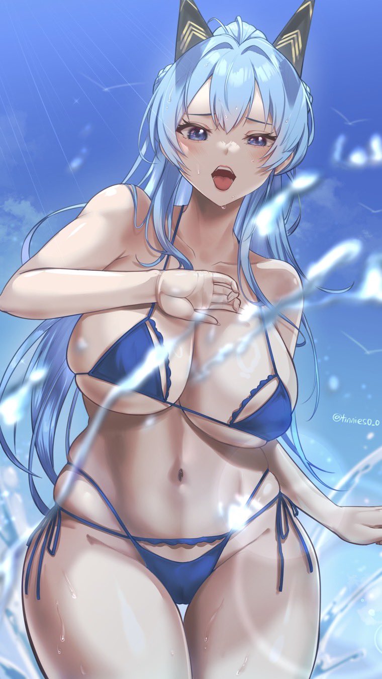 1girls alternate_costume bare_shoulders big_breasts big_hips bikini bikini_bottom bikini_top blue_bikini blue_eyes blue_hair blush breasts cameltoe cleavage ear female female_only goddess_of_victory:_nikke hair_ornament hands helm_(aquamarine)_(nikke) helm_(nikke) hips light-skinned_female light_skin long_hair looking_at_viewer navel ocean official_alternate_costume ponytail sun sunlight thick_thighs thigh_gap thighs tinnies tongue