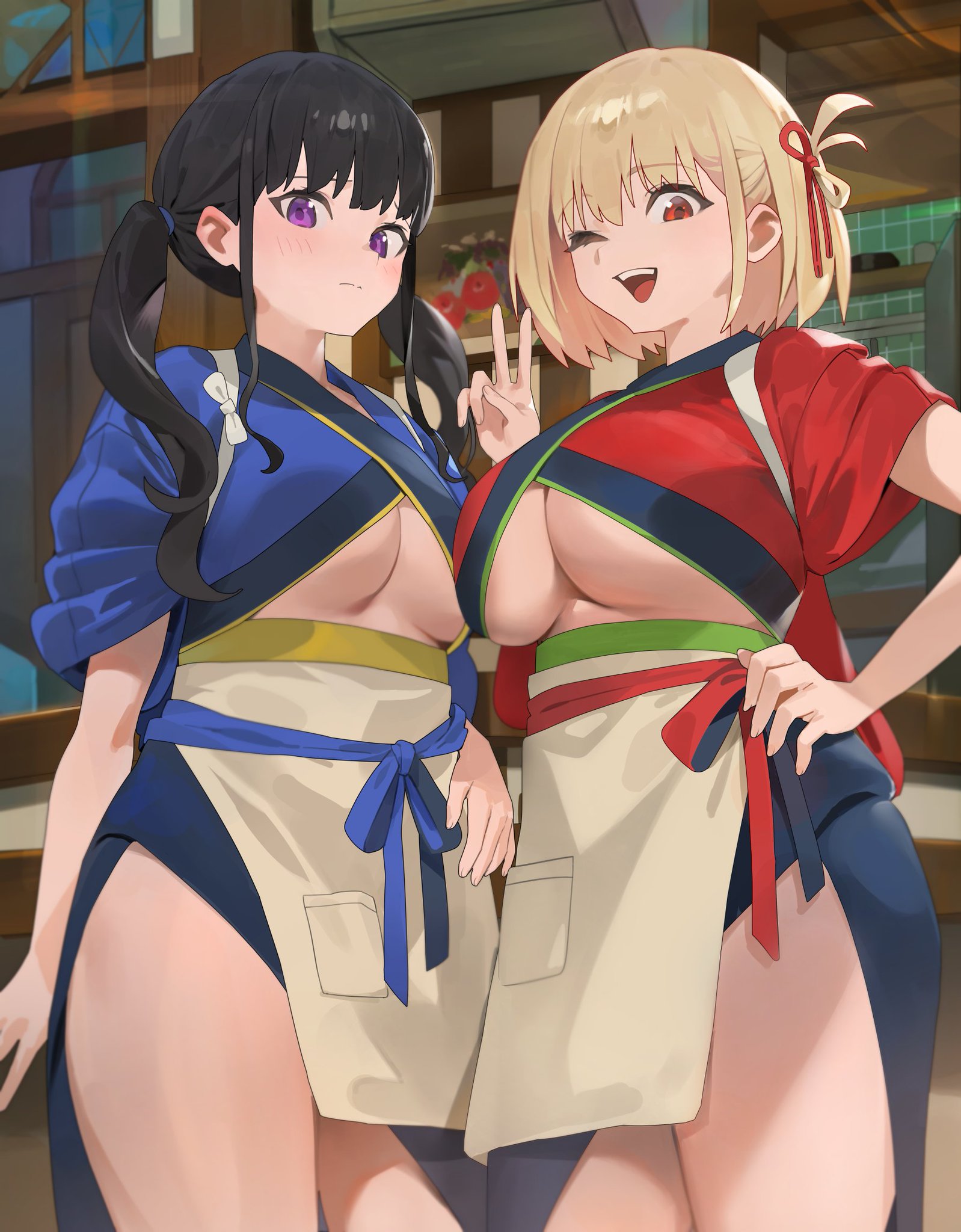 2girls, alternate costume, breasts, embarrassed, female, female only, fully clothed, hood x art, inoue takina, large breasts, looking down, lycoris recoil, nishikigi chisato, one eye closed, revealing clothes, smile, thighs, underboob, v