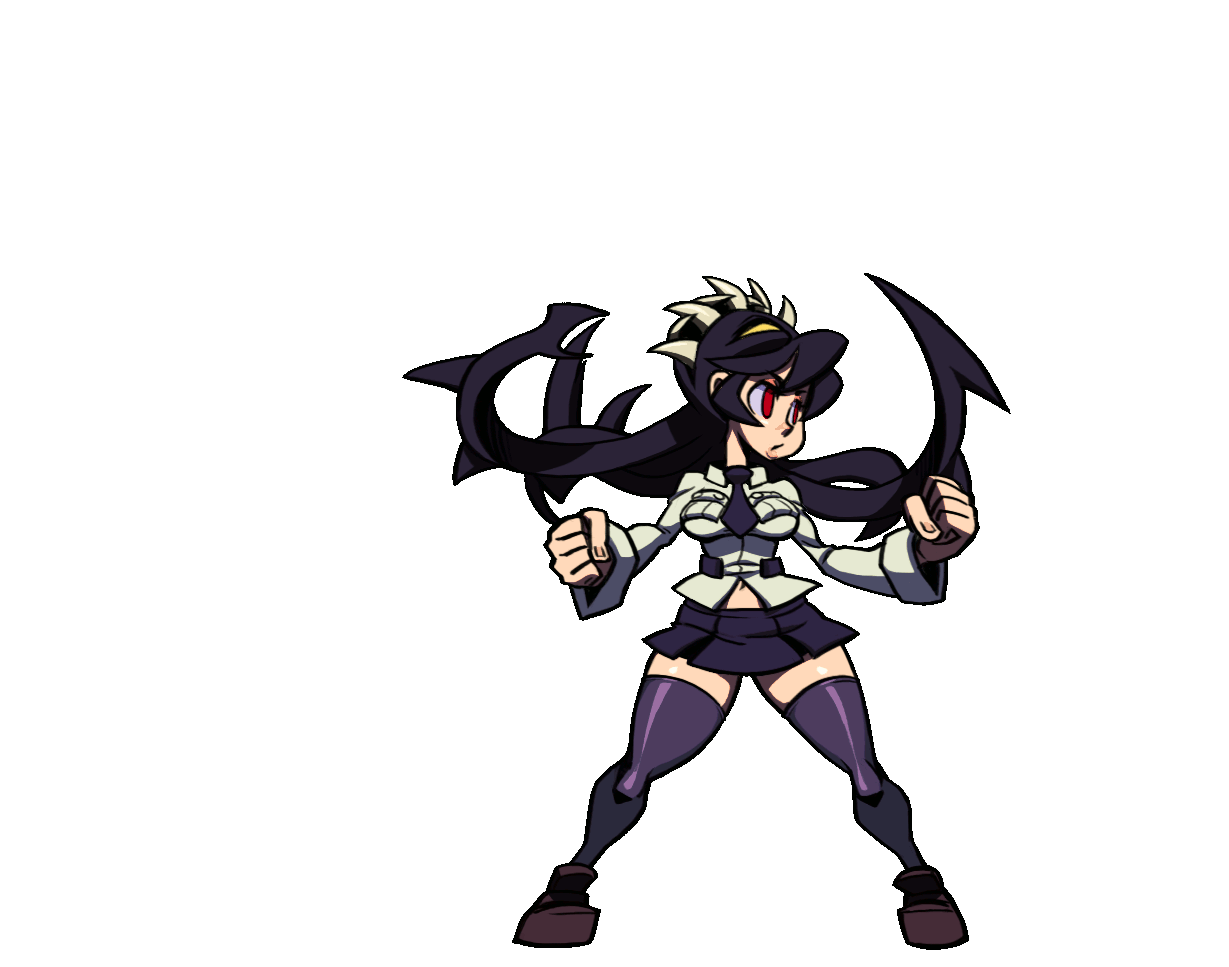 animated, bra, breasts, embarrassed, exposed breasts, exposure, female, filia (skullgirls), official art, samson (skullgirls), skullgirls, stripped, tearing clothes, thighhighs, thighs, torn clothes