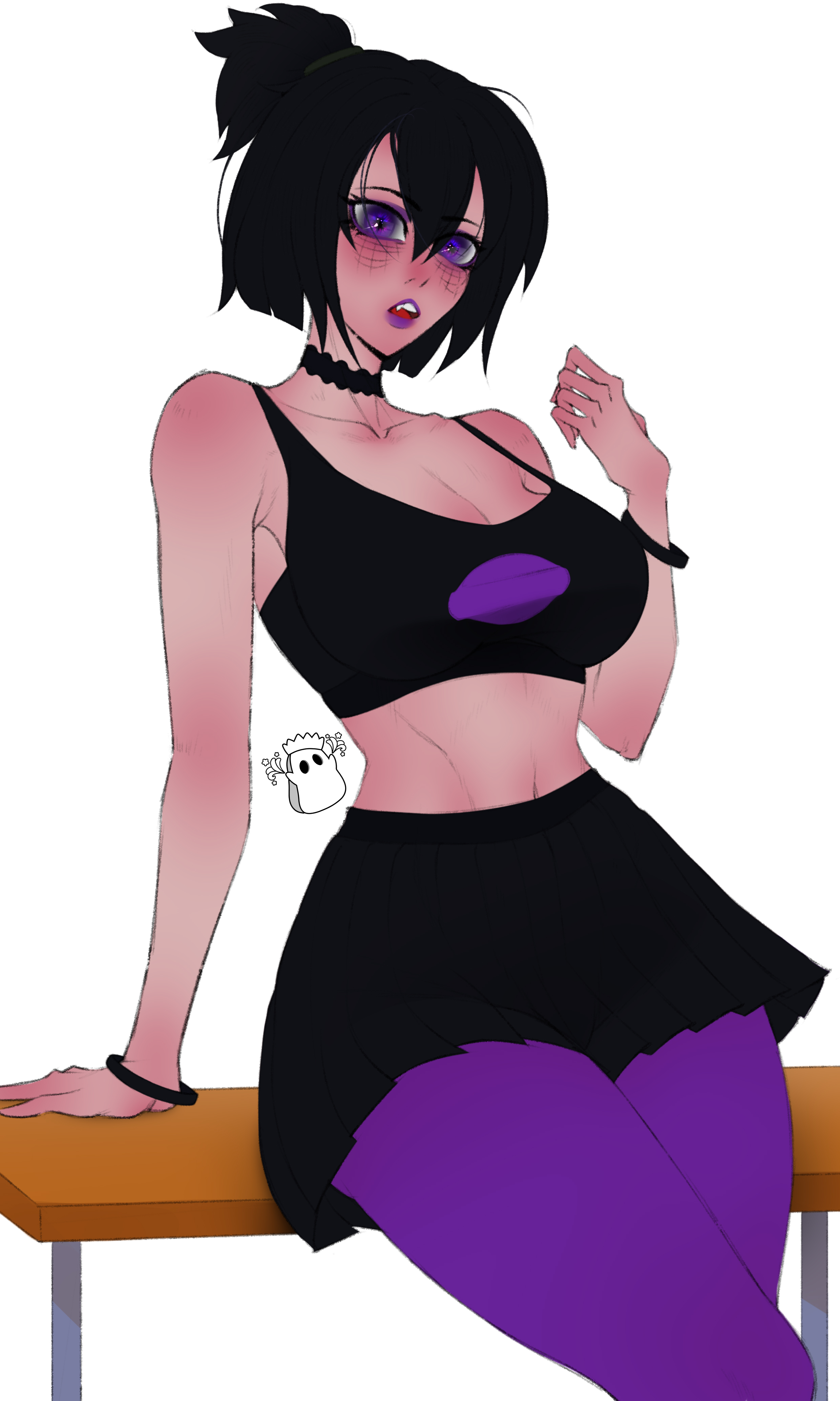 2d, abdomen, abs, absurd res, aged up, alternate body type, alternate breast size, alternate version at source, alternate version available, aroused, aroused face, aroused female, aroused smile, artist name, athletic, athletic female, background, big breasts, black legwear, blush, blush lines, blushing at viewer, bob cut, body blush, bodystocking, bracelet, bracelets, breast squish, breasts, breasts bigger than head, casual, chaotic spellkasper, choker, cleavage, cleavage overflow, collar, collarbone, confident, crop top, curvaceous, curves, curvy, curvy body, curvy female, curvy figure, curvy hips, curvy thighs, danny phantom, desk, exposed midriff, eyebrows, eyebrows visible through hair, eyelashes, eyeliner, eyes, female, female focus, female human, female only, fringe, goth, goth girl, gothic, hair, hair between eyes, hair ornament, hair over one eye, hairband, hand on object, handwear, hips, hips wider than shoulders, human, human only, large breasts, legs together, legwear, light skin, light-skinned female, lips, lipstick, looking at camera, looking at viewer, makeup, messy hair, midriff, pantyhose, pixie cut, ponytail, purple clothing, purple eyes, purple lipstick, purple panties, revealing clothes, sam manson, school desk, schoolgirl, shiny hair, short hair, showing off, side boob, sideboob, sketch, slim, slim waist, solo, spellkasper, spiky hair, spread legs, stretched clothing, thick hips, thick legs, thick lips, thick thighs, thighhighs, thighs, thin female, thin waist, tight clothes, tight clothing, tight fit, topwear, twitter, twitter username, waist, white background, wide hips, wide thighs, work in progress