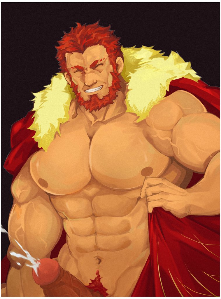 1boy abs bara bare_pectorals beard bighaozi boner cape cum erection facial_hair facing_viewer fate/grand_order fate/zero fate_(series) fur-trimmed_cape fur_trim girthy_penis grin iskandar_(fate) large_pectorals male_focus male_only mature_male muscular muscular_male naked_cape navel navel_hair nipples pectorals penis projectile_cum red_cape red_eyes red_hair short_hair smile solo solo_male stomach strongman_waist thick_eyebrows veins veiny_arms