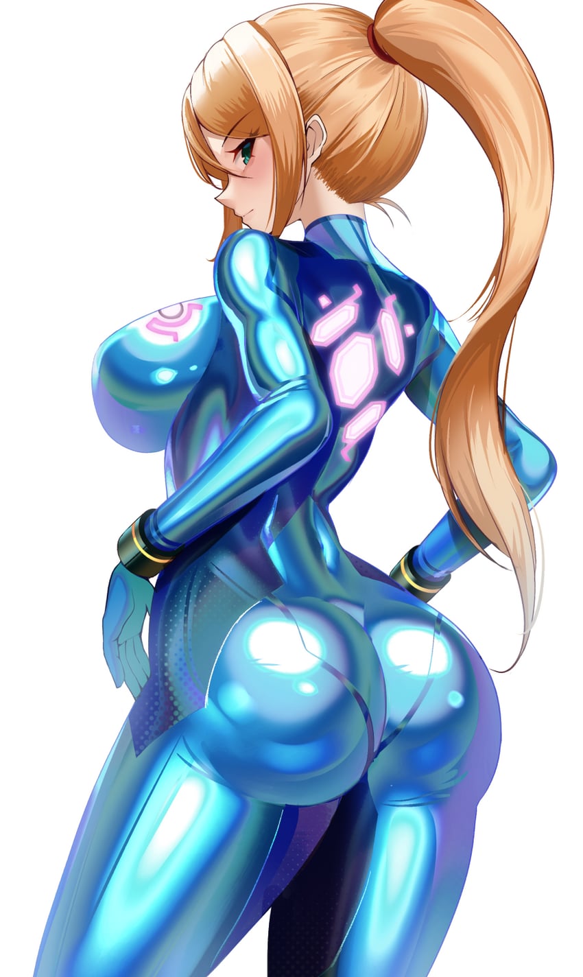 1girls arched_back ass ass_focus back back_view big_ass big_breasts blonde_hair blue_bodysuit bodysuit breasts curvy_figure gloves latex_bodysuit light_clothing long_hair looking_at_viewer looking_back metroid ponytail samus_aran sideboob solo thighs tight_clothing volyz white_background zero_suit zero_suit_samus