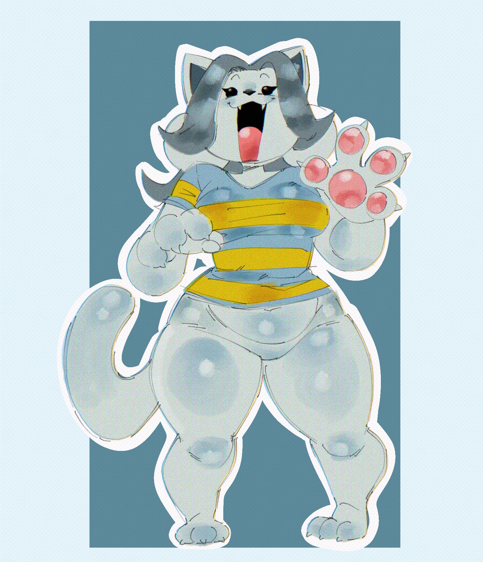 1girls, 2023, anthro, bottomless, breasts, claws, fangs, featureless crotch, feline, female, female only, fur, furry, greatalmightyjj, grey hair, navel, no pussy, pawpads, paws, solo, solo female, tail, temmie (undertale), thick thighs, undertale, undertale (series), white fur