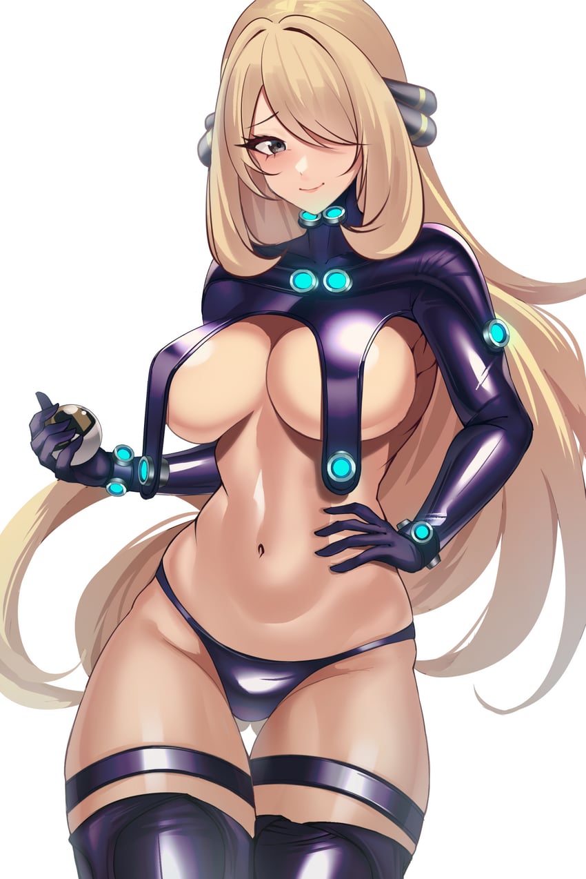 1girls alternate_costume ass_visible_through_thighs blonde_hair breasts breasts_cutout cleavage closed_mouth cowboy_shot crossover cynthia_(pokemon) gantz gantz_(cosplay) gantz_suit gloves grey_eyes groin hair_ornament hand_on_hip hand_on_own_hip holding_object holding_poke_ball long_hair looking_at_viewer one_eye_covered panties poke_ball pokemon pokemon_dppt shrug_(clothing) straps thick_thighs thigh_strap thighs tight_clothing ultra_ball very_long_hair volyz white_fur