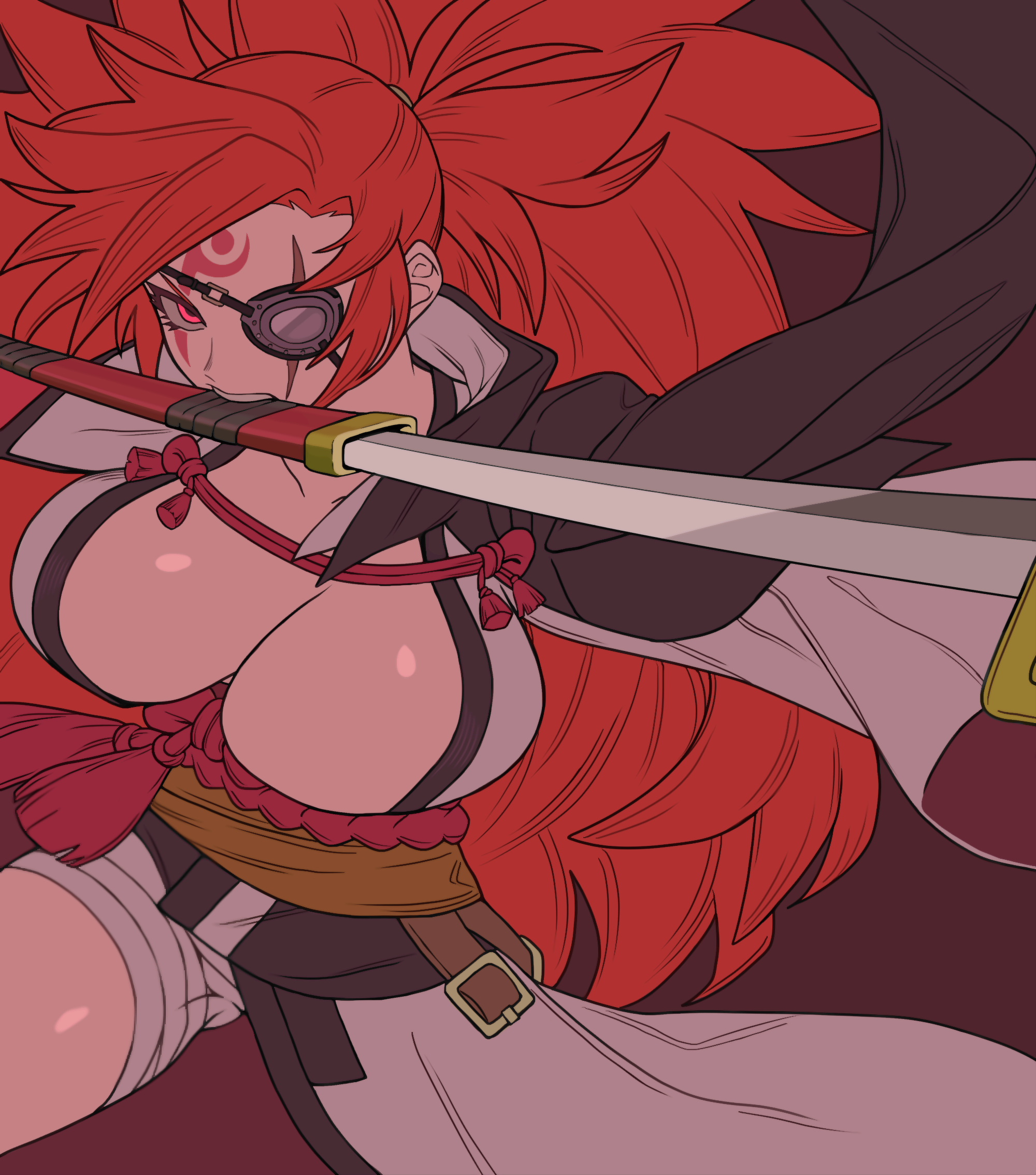 1girls, 2d, baiken, big breasts, bouncing breasts, breasts, breasts bigger than head, byunsang (artist), emotionless, expressionless, eyepatch, female, female focus, female only, guilty gear, looking at viewer, pose, sword, weapon