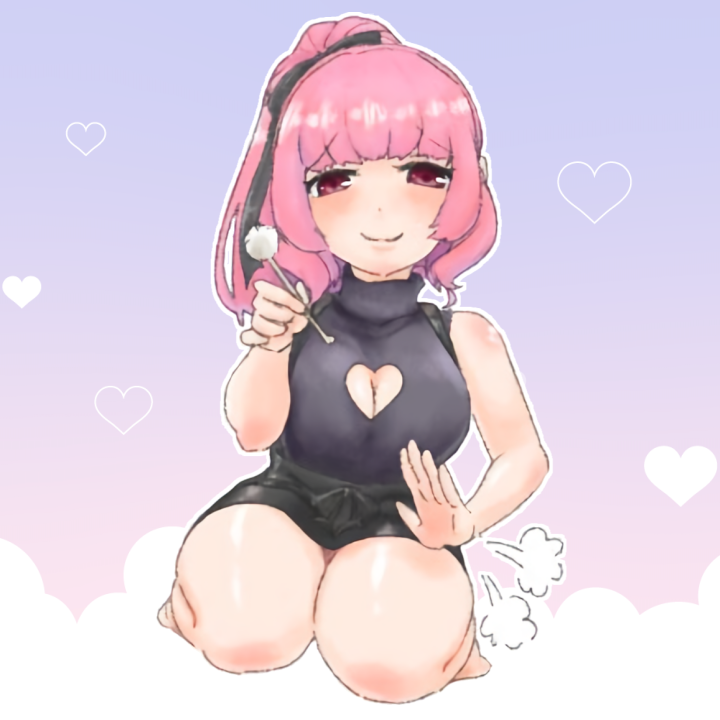 1girls blush boob_window cotton_swab ear_cleaning eyebrows_visible_through_hair female female_only gangi_mari indie_virtual_youtuber light-skinned_female light_skin looking_at_viewer pink_hair ponytail red_eyes smile solo thick_thighs unknown_artist virtual_youtuber