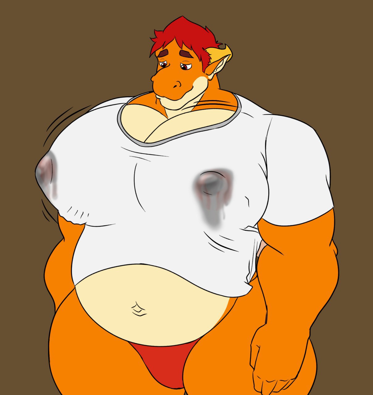 1boy bara bhm big_belly breastmilk cleavage dragon dragon_himbo horns lactation lactation_without_expressing leaking_milk lucio_soliz male male_lactation male_only milk milk_stain narissias orange_body red_hair solo solo_male