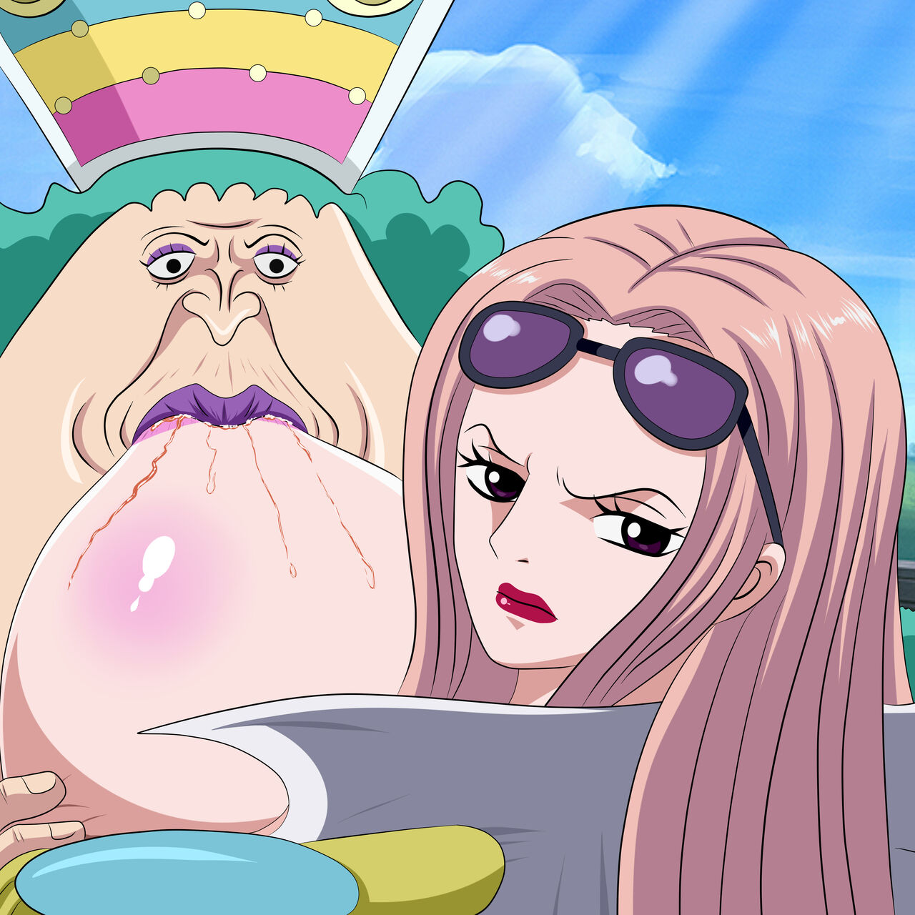 2girls, age difference, breast focus, breast fondling, breast sucking, breastfeeding, breasts, charlotte compote, clothing, cougar milf, dicasty, female, female only, female sucking breast, green hair, hina (one piece), huge breasts, lesbian, lesbian focus, milf, multiple females, multiple girls, nipple suck, nipple sucking, nipples, older female, one breast out, one piece, pink hair, sucking, sucking huge breast, sunglasses on head, ugly female, ugly female/female, yuri
