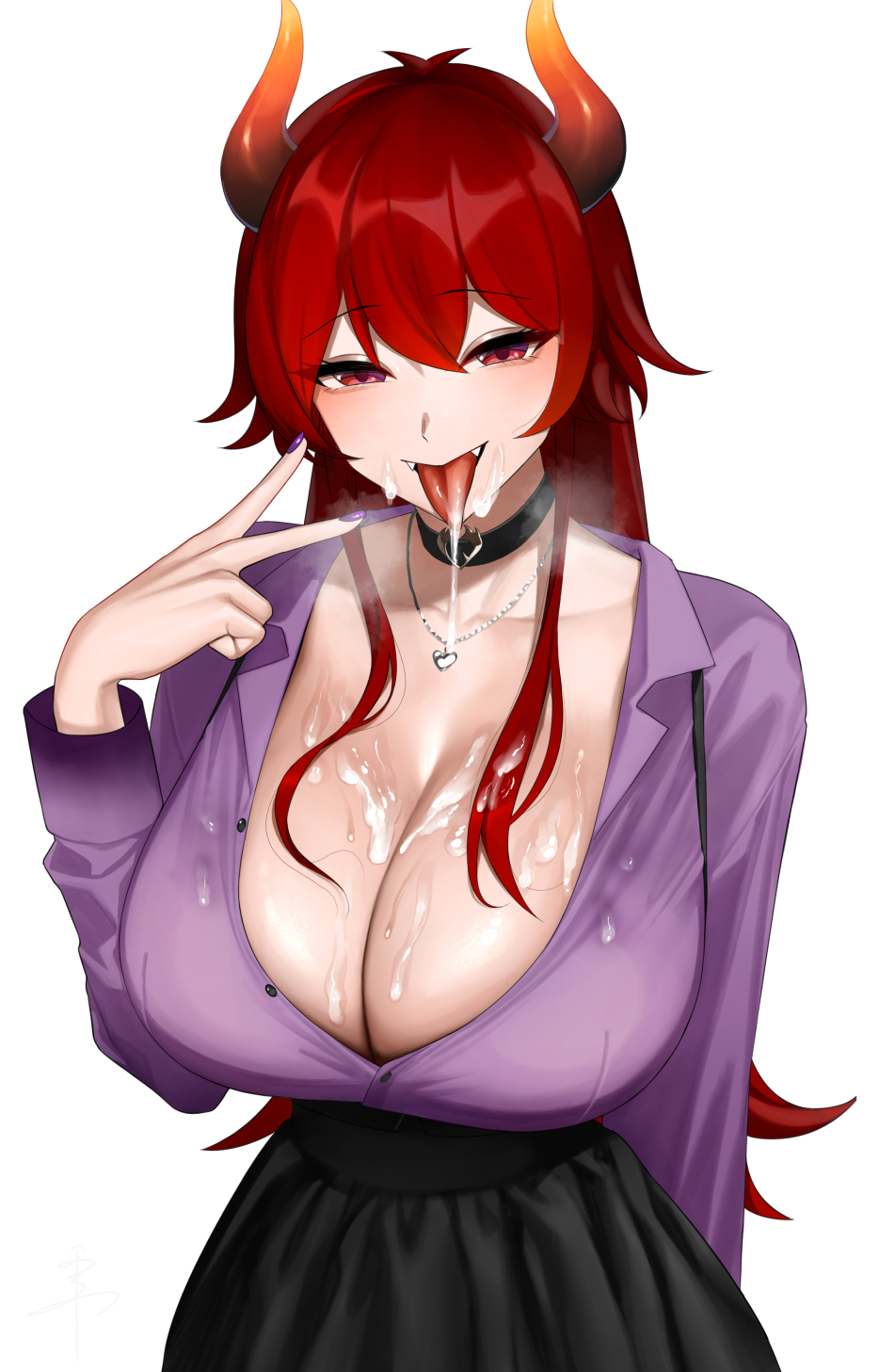 1girls :p breasts choker cleavage cum cum_on_body cum_on_breasts dola_(nijisanji) fangs female female_only highres horns jewelry large_breasts light-skinned_female light_skin necklace nijisanji purple_nails red_eyes red_hair senju_(snz0) simple_background skirt solo sweat tongue tongue_out v virtual_youtuber white_background