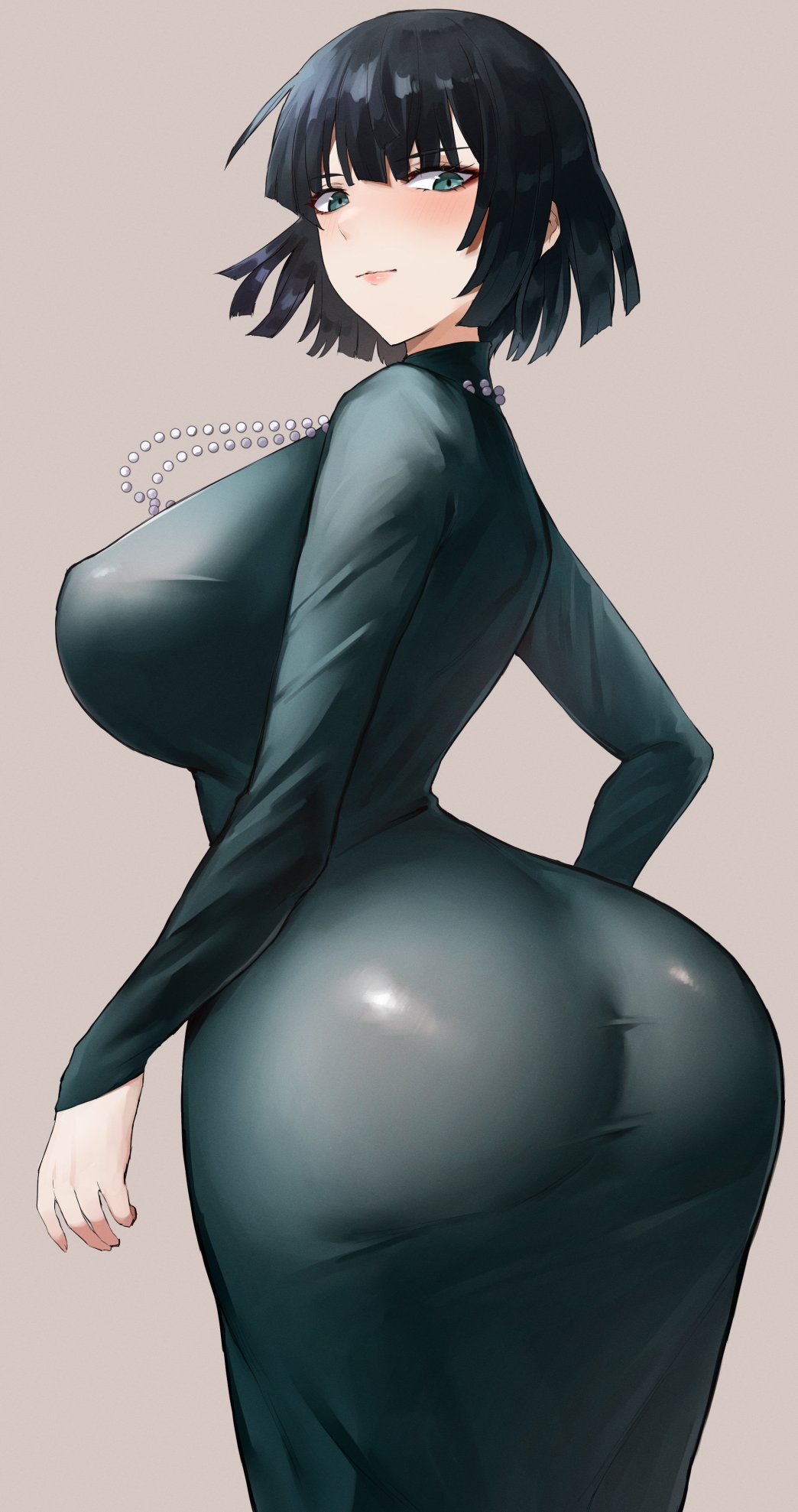 1girls, ass, ass focus, behind, behind view, big ass, big breasts, big butt, blush, blushing, breasts, busty, child bearing hips, curvaceous, curves, curvy, curvy body, curvy female, curvy figure, curvy hips, fat ass, female, female only, fubuki (one-punch man), green eyes, green hair, hips, hourglass figure, huge ass, huge breasts, huge butt, jewelry, kataku musou, large ass, large breasts, looking at viewer, looking back, milf, one-punch man, pearl necklace, thick ass, thin waist, tight clothing, wide hips