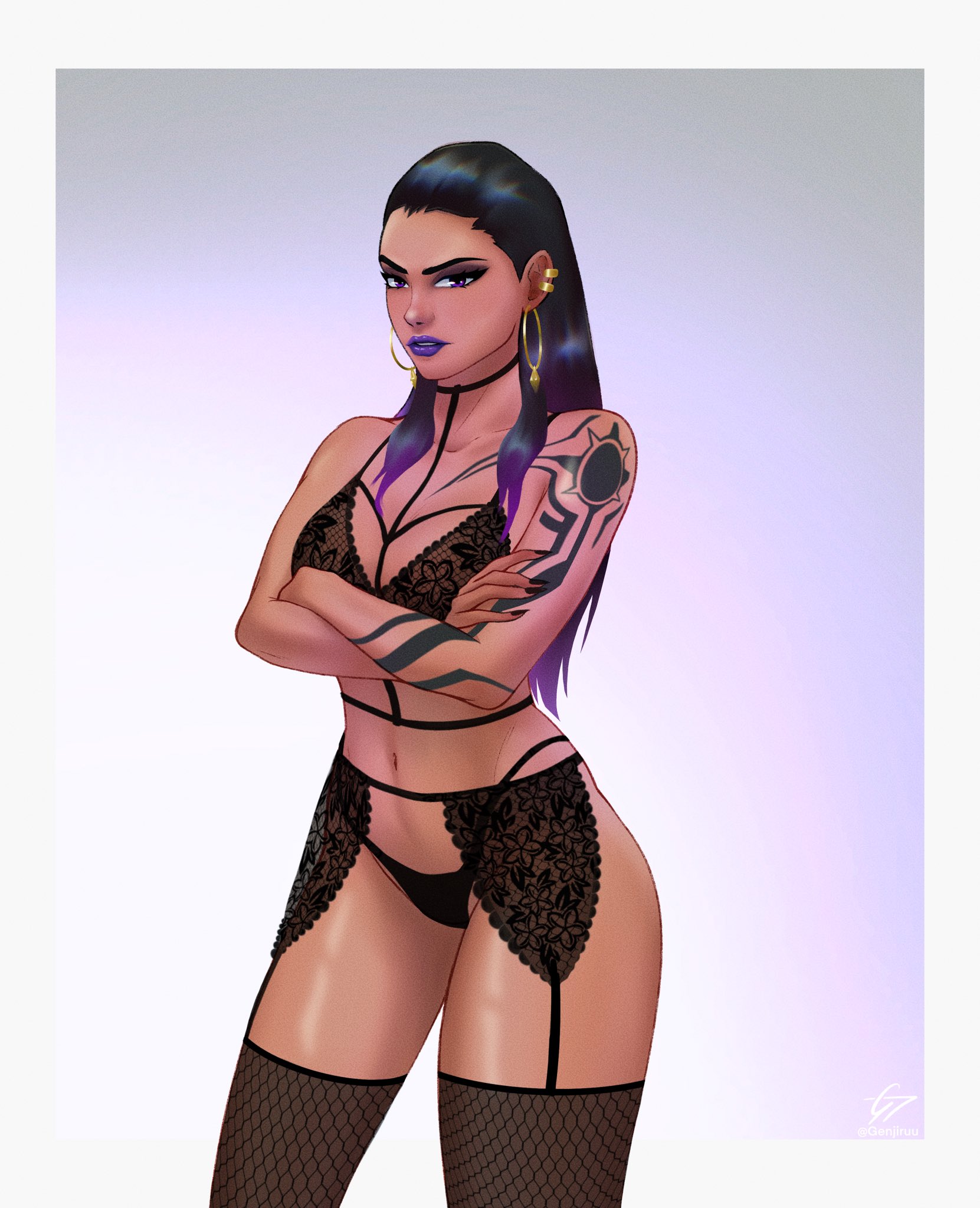 black lingerie, crossed arms, disgusted look, earrings, genjiruu, latina, lingerie, long hair, looking at viewer, purple eyes, purple hair, purple lipstick, reyna (valorant), tattooed arm, thick thighs, valorant