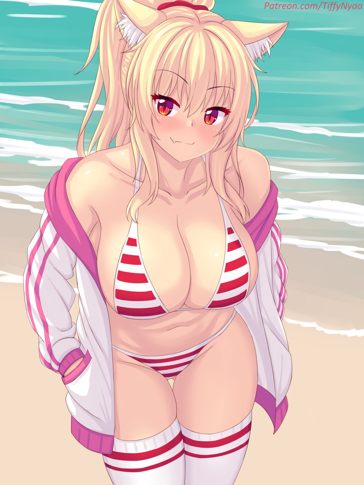 1girls, 2023, beach, bikini, blonde hair, blush, breasts, fang, female, hands in pockets, jacket, large breasts, looking at viewer, navel, open jacket, original, outdoors, outside, patreon username, ponytail, red bikini, red eyes, smile, solo, striped bikini, tagme, thighhighs, thighs, tiffy, tiffynyaa, track jacket