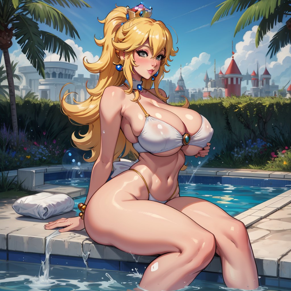 1girls, 2023, ai generated, belly button, big breasts, bikini, bikini bottom, bikini top, blonde hair, bracelets, breasts, busty, crown, curvy, curvy body, curvy female, curvy figure, curvy hips, earrings, female, female only, front view, grey eyes, hi res, high resolution, highres, huge breasts, large breasts, light skin, light-skinned female, long hair, looking at viewer, mario (series), navel, nintendo, pool, princess peach, sitting, smile, solo, solo female, tagme, thick thighs, voluptuous, voluptuous female, water, white bikini, wide hips, yellow hair