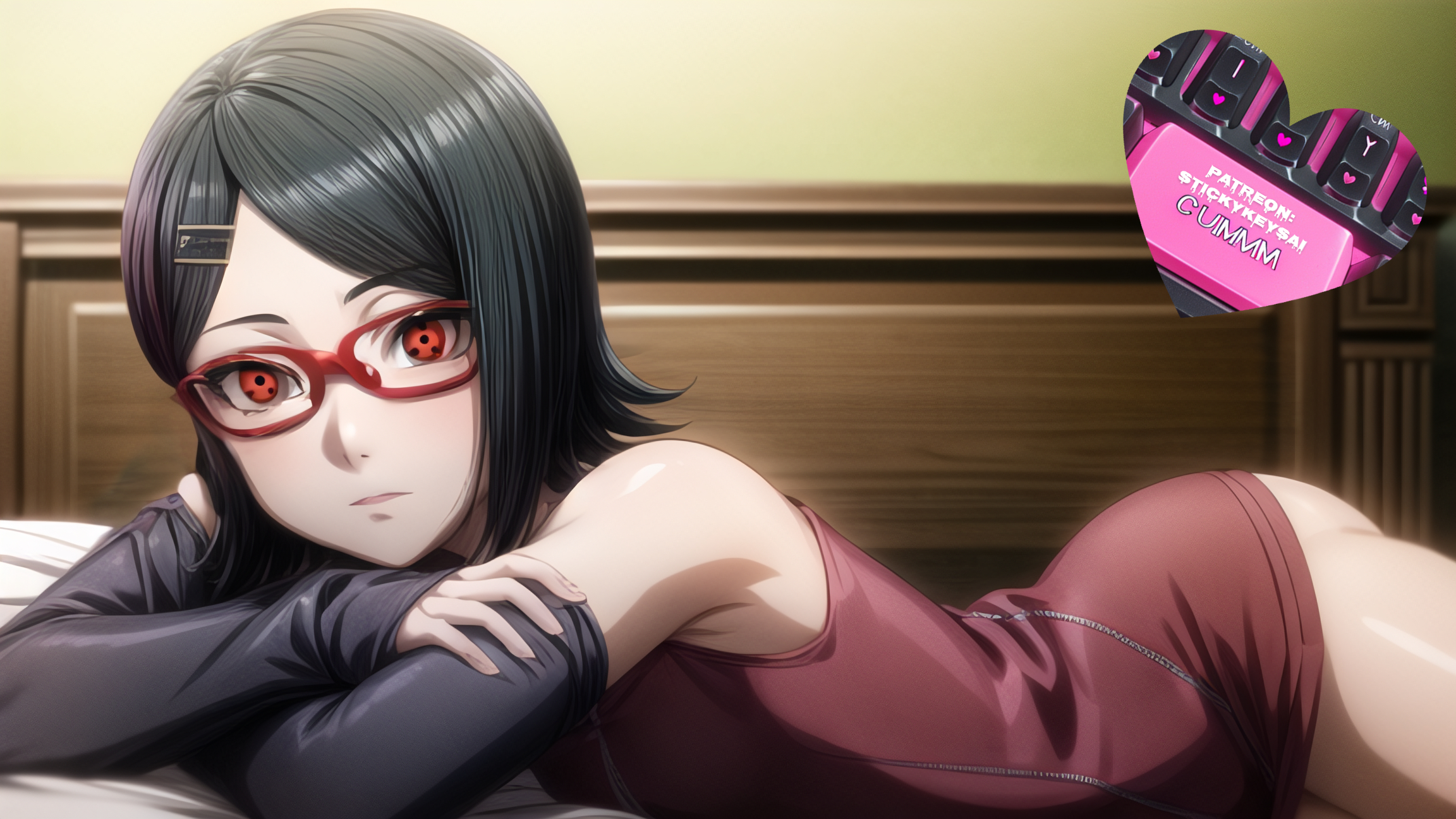 ai generated, boruto: naruto next generations, female, laying down, laying on bed, naruto, naruto (series), sarada uchiha, sharingan, stickykeysai