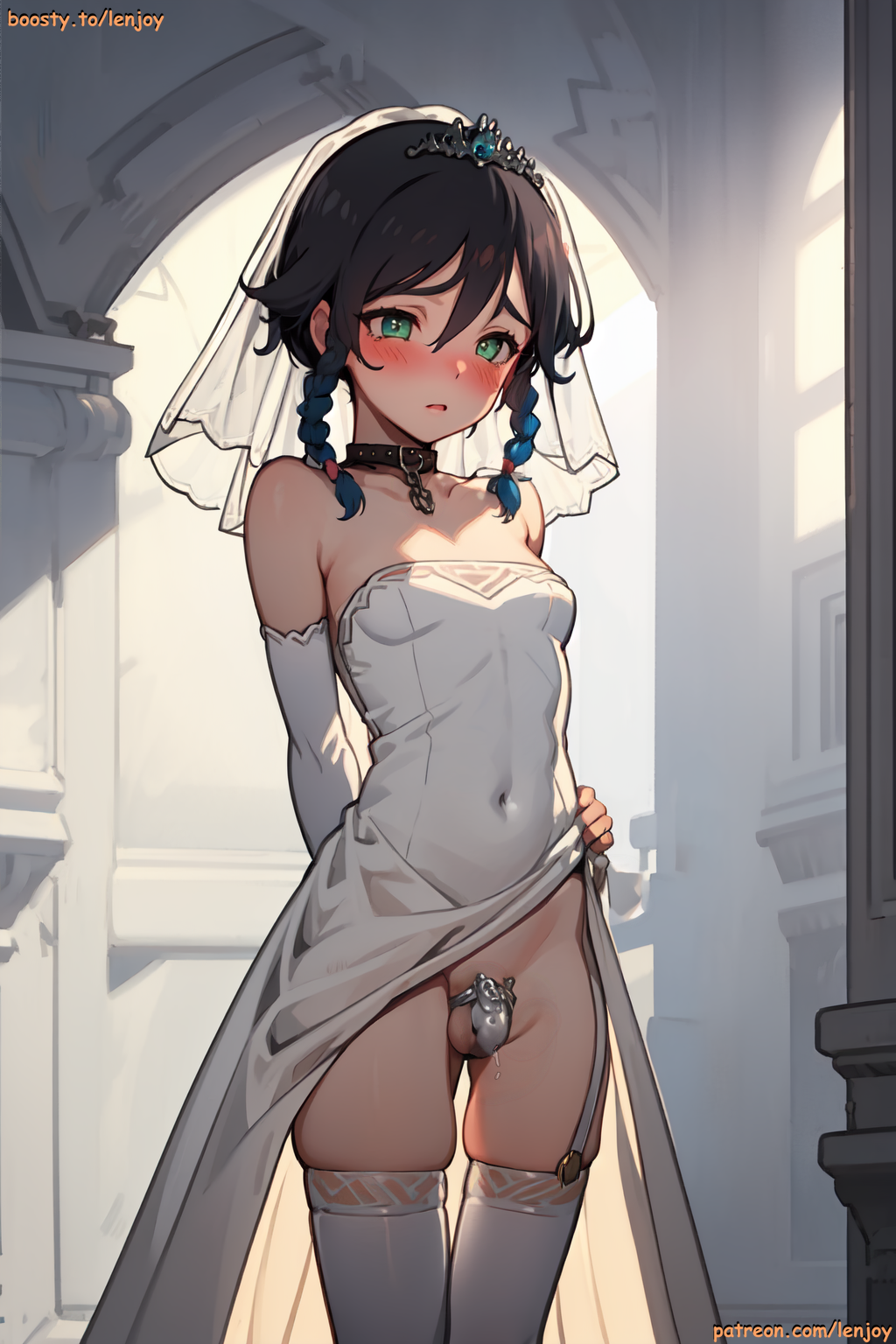 ai_generated androgynous blush chastity_cage collar dress femboy genshin_impact green_eyes large_testicles legwear lenjoy long_term_chastity precum precum_drip short_hair solo_male stockings testicles trap twin_braids uncensored venti_(genshin_impact) watermark wedding wedding_dress white_legwear white_stockings