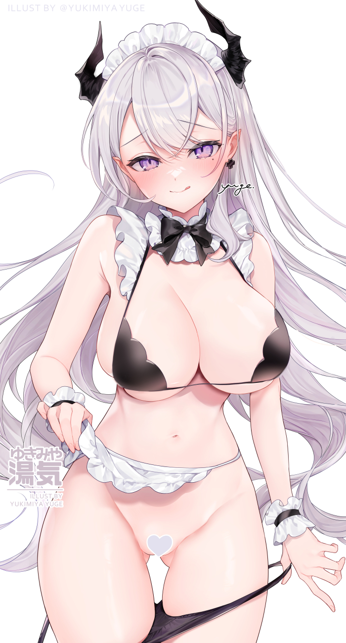 apron artist_name ass_visible_through_thighs bare_shoulders bikini black_bow black_bowtie black_panties blush bow bowtie breasts censored cleavage closed_mouth cowboy_shot demon_girl detached_collar earrings female frills grey_hair heart heart_censor highres horns jewelry large_breasts licking_lips long_hair looking_at_viewer maid maid_bikini maid_headdress mole mole_under_eye narrow_waist navel original panties panty_pull pointy_ears purple_eyes simple_background skindentation smile solo swept_bangs swimsuit thigh_gap tongue tongue_out unconventional_maid underwear very_long_hair waist_apron white_background wrist_cuffs yuge_(mkmk)