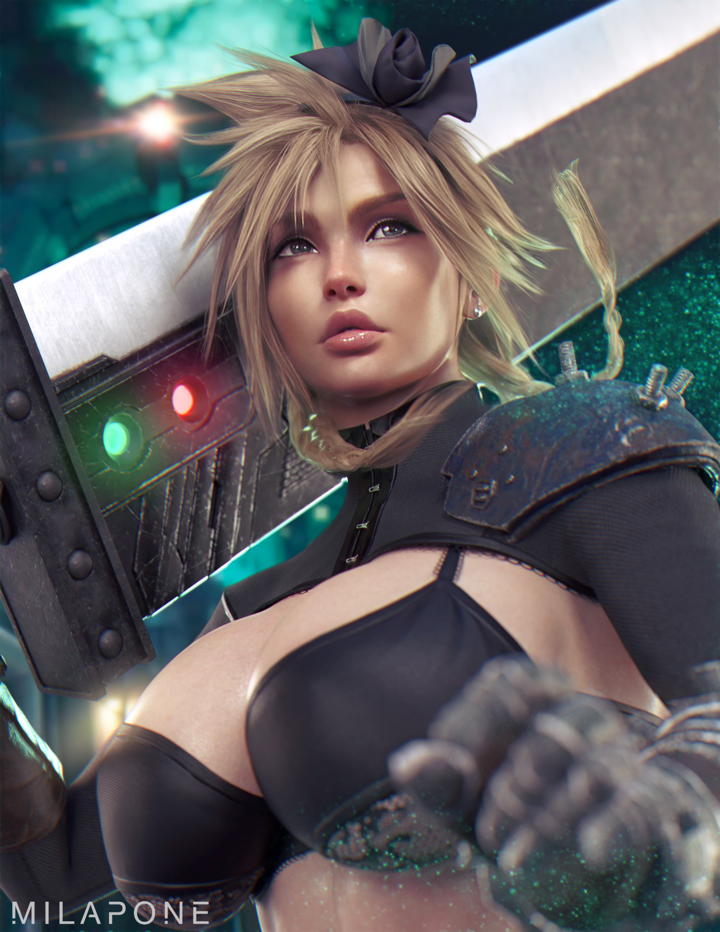 1girls, 3d, 3d (artwork), ass, big ass, big breasts, blonde hair, blue eyes, breasts, cleavage, cloud strife, cloudette strife, female, female only, final fantasy, final fantasy vii, final fantasy vii remake, genderswap, genderswap (mtf), large ass, large breasts, milapone, nipple bulge, pose, posing, rule 63, solo, sword, thick, thick ass, thick hips, thick thighs, tight clothing, wide hips