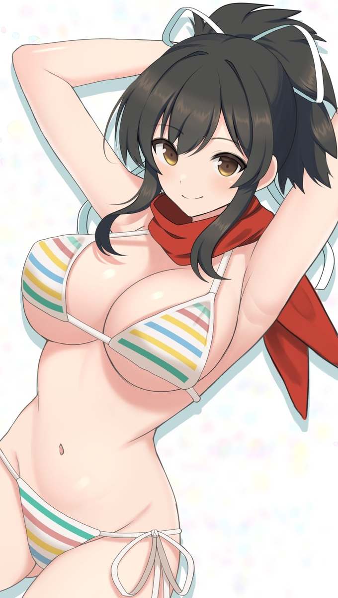 1girls asuka_(senran_kagura) bikini blank_background blush brown_eyes brown_hair female female_only hair_ribbon hands_behind_head large_breasts light-skinned_female light_skin looking_at_viewer marvelous narrow_waist navel scarf senran_kagura side-tie_bikini smile solo striped_bikini surippa1010