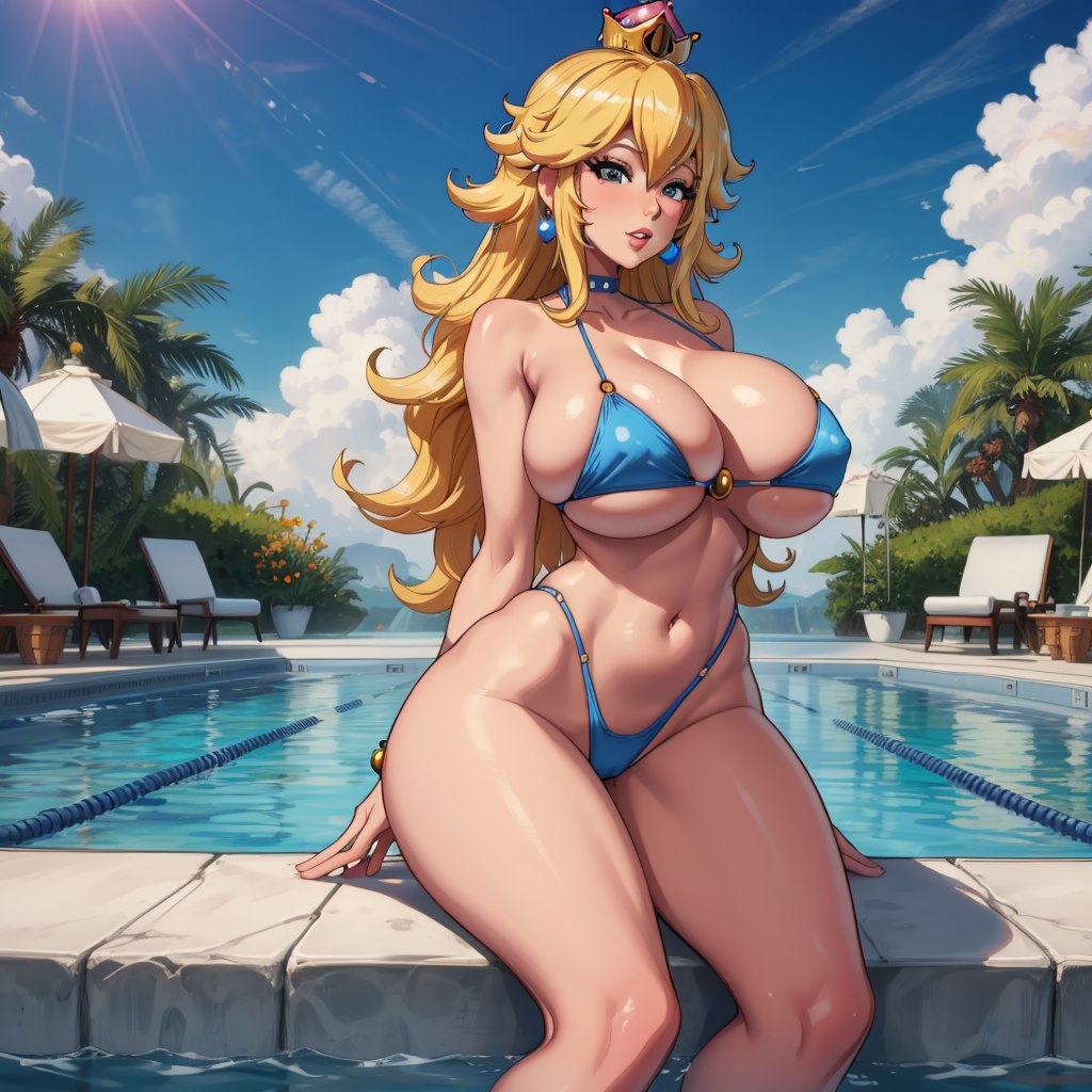 1girls, 2023, ai generated, belly button, big breasts, big lips, bikini, bikini bottom, bikini top, blonde hair, blue bikini, breasts, busty, crown, curvy, curvy body, curvy female, curvy figure, curvy hips, earrings, female, female only, front view, grey eyes, hi res, high resolution, highres, huge breasts, large breasts, light skin, light-skinned female, long hair, looking at viewer, mario (series), navel, nintendo, pool, princess peach, sitting, soft breasts, solo, solo female, tagme, teeth, thick thighs, voluptuous, voluptuous female, water, wide hips, yellow hair