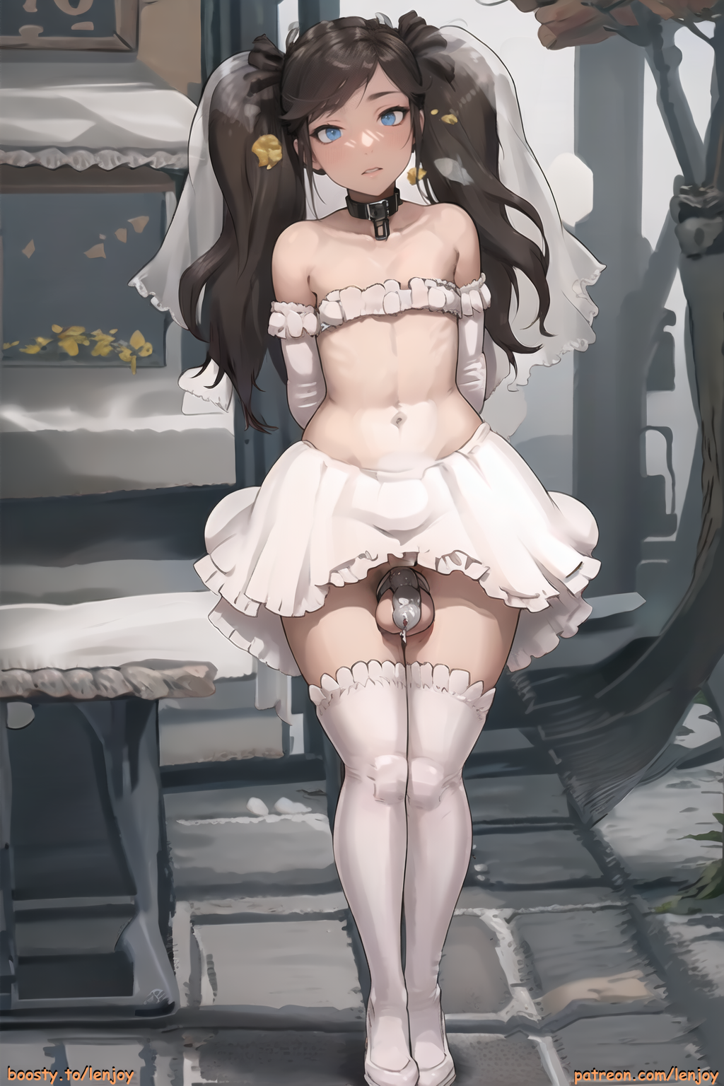 ai_generated androgynous blue_eyes chastity chastity_cage chastity_device collar dark_hair femboy gay hiro_(tales_of_androgyny) lenjoy precum precum_drip solo_male tales_of_androgyny testicles trap twintails watermark wedding wedding_dress white_stockings