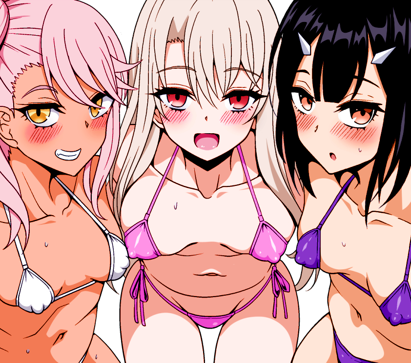 3girls bikini bikini_top blush chloe_von_einzbern colorized dark-skinned_female dark_skin erect_nipples fate/grand_order fate/kaleid_liner_prisma_illya fate_(series) female female_only illyasviel_von_einzbern leaning_forward long_hair looking_at_viewer miyu_edelfelt multiple_girls navel pale_skin simple_background small_breasts smile smug stomach swimsuit third-party_edit white_background