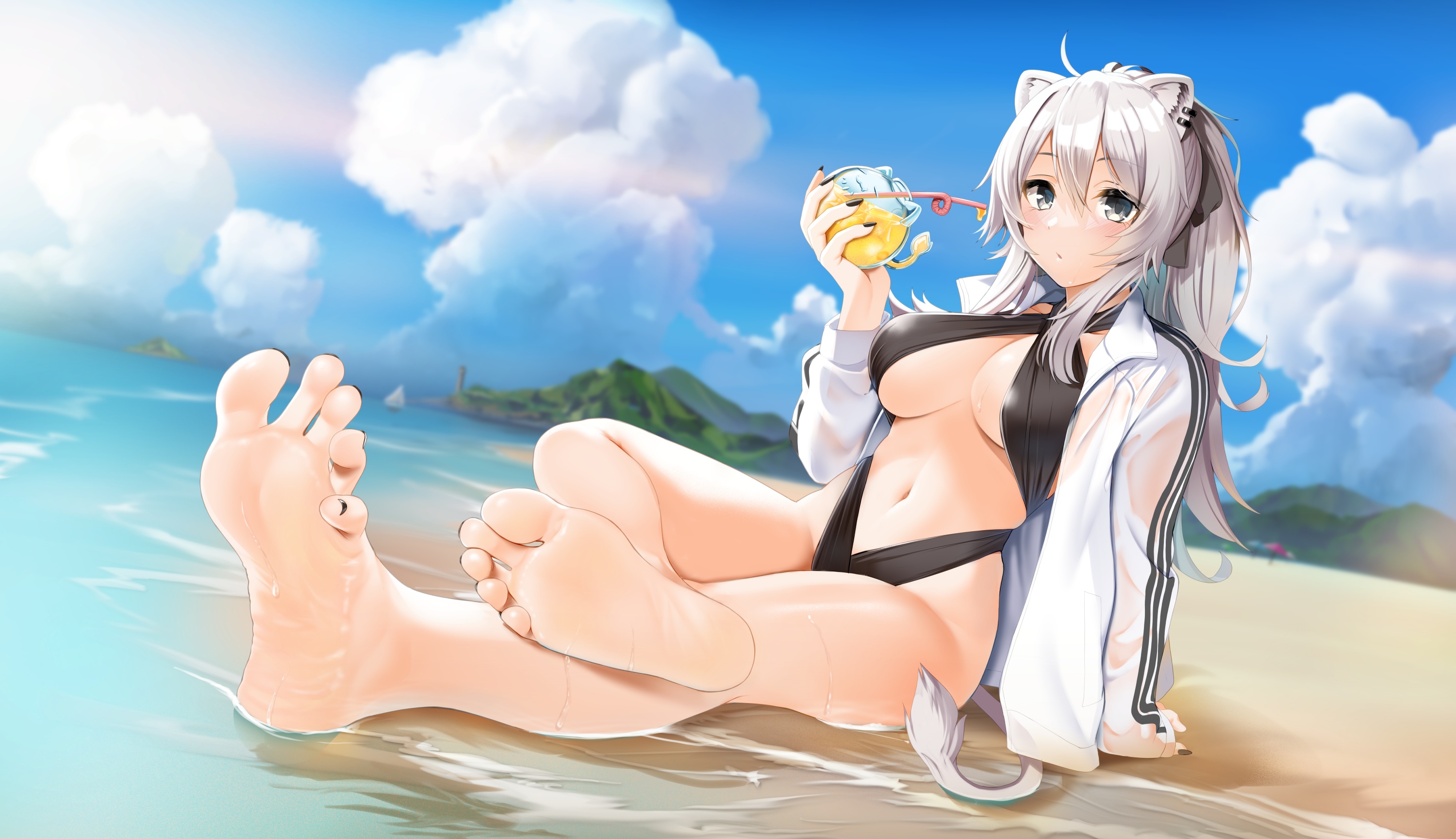 1girls, animal ears, barefoot, beach, belly, belly button, bikini, boobs, breasts, casino (casinoep), clothed, cloud, clouds, drinking, ear piercing, feet, female, female only, front view, hair accessory, holding drink, holding object, hololive, hololive gen 5, hololive japan, jacket, large breasts, legs crossed, lion, looking at viewer, ocean, outdoors, outside, sand, shishiro botan, silver hair, sitting, sole female, soles, thighs, toes, virtual youtuber, water