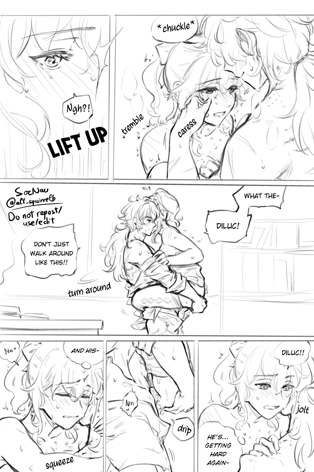 1boy, 1girls, artsquirrelb, carrying, carrying partner, comic, diluc (genshin impact), english text, female, genshin impact, hands on ass, jean gunnhildr, leg lock, legs around partner, lifting partner, lifting person, long hair, long-haired male, male, male/female, open pants, partially clothed, penis, penis in pussy, pussy, speech bubble, stand and carry position, straight, thought bubble, vaginal penetration