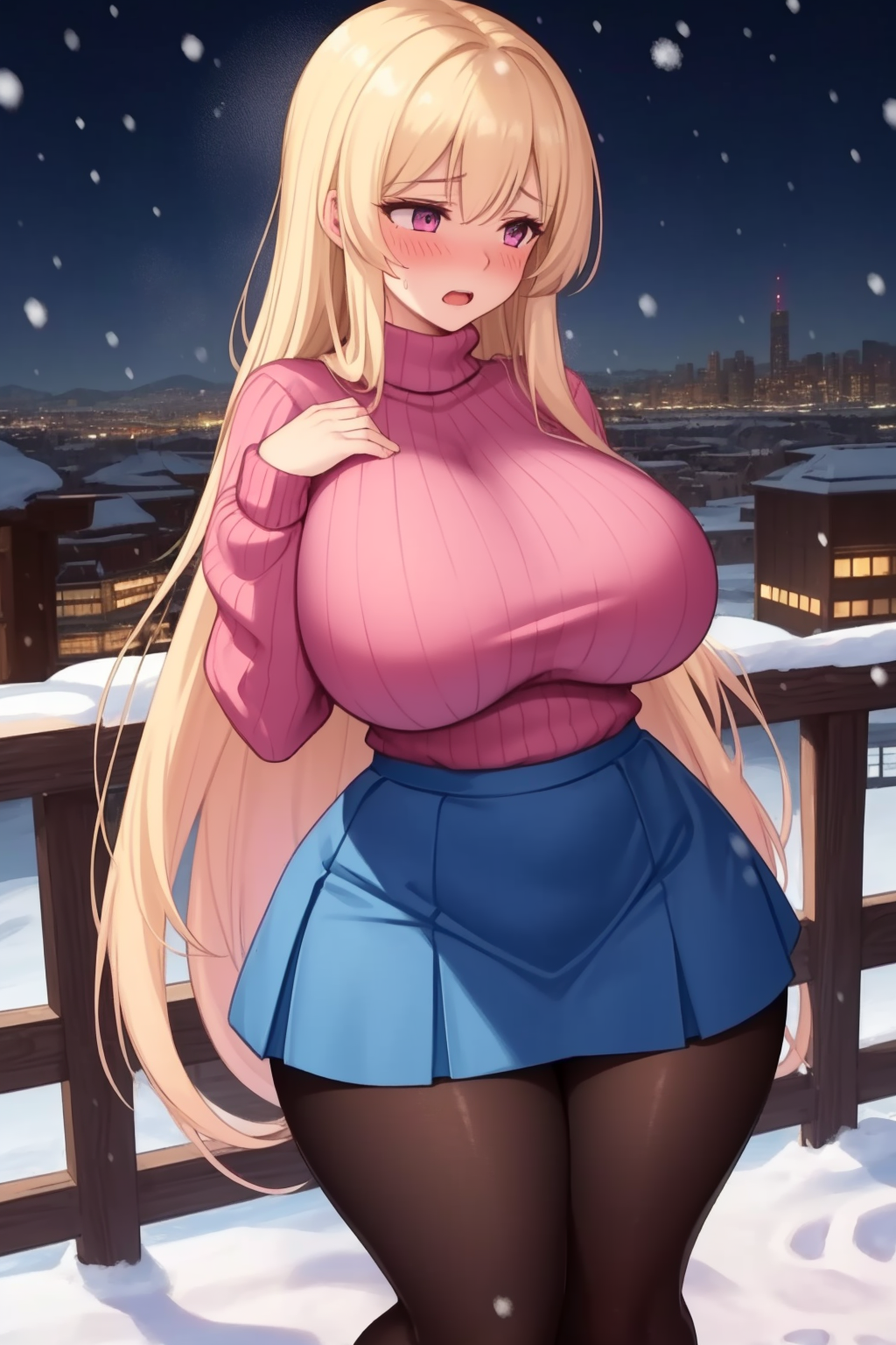 ai generated, aroused, blonde hair, breasts, city, female, full-face blush, fully clothed, gigantic breasts, in heat, night, pantyhose, pink hair, skirt, snow, stable diffusion, sweater, thick thighs, wide hips