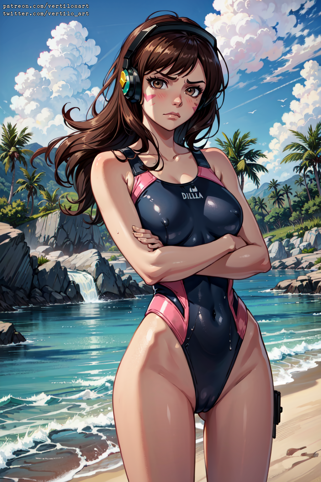 1girls, ai generated, cameltoe, covered nipples, crossed arms, d.va, female, female only, one piece swimsuit, overwatch, perky nipples, pussy, solo, swimsuit, tagme, vertiloart