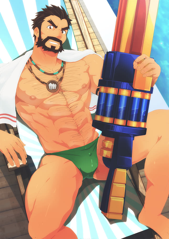 1boy abs bara beard bulge bulge_through_clothing chest chest_hair chest_tuft dark_hair facial_hair holding holding_object laying_down league_of_legends looking_at_viewer malcolm_graves male male_only muscular muscular_legs muscular_male pool_party_graves pool_party_series solo solo_focus solo_male speedo