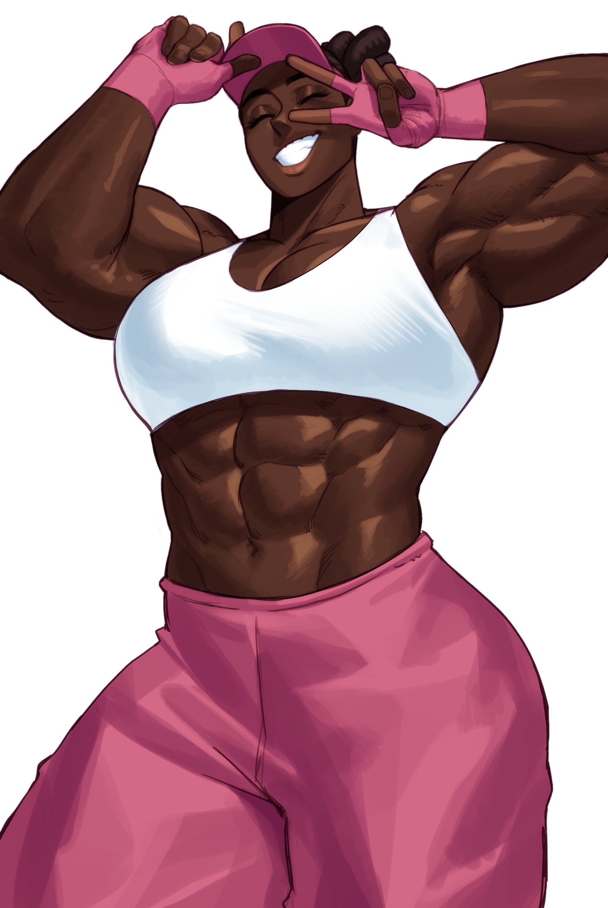1girls, abs, absurd res, closed eyes, commission, dark skin, dark-skinned female, female, female only, fingerless gloves, hi res, muscles, muscular, muscular female, smiling, solo, sotcho, sportswear, teeth showing, v sign, very high resolution, white background