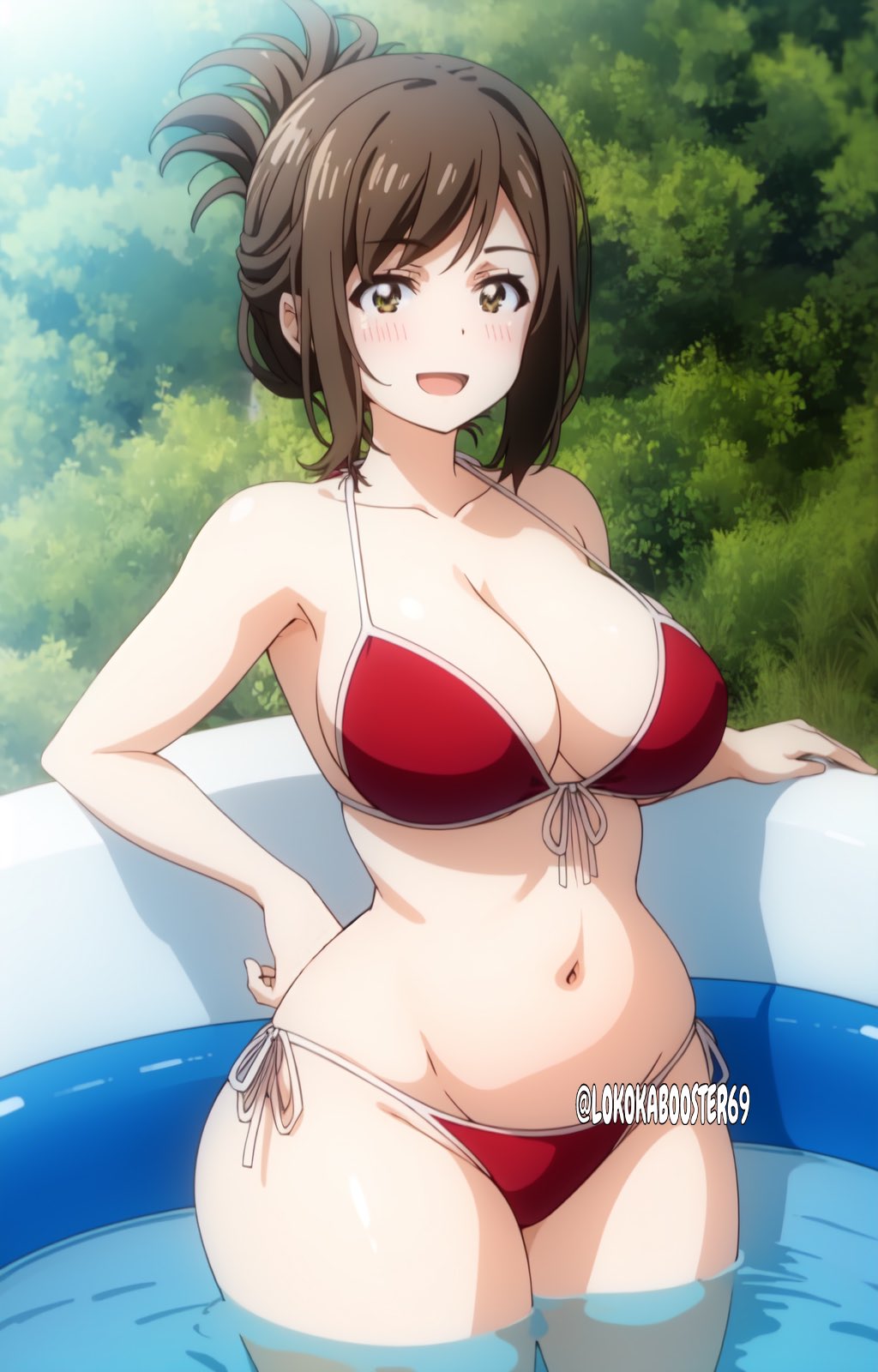 1girls, ai generated, belly, belly button, big breasts, bikini, blush, blush lines, blushing, blushing at viewer, breasts, brown eyes, brown hair, cleavage, curvy, curvy female, curvy figure, female, female focus, female only, kojima kana (nande koko ni sensei ga!?), lokokabooster69, long hair, looking at viewer, nande koko ni sensei ga!?, open mouth, partially submerged, red bikini, shiny, shiny hair, shiny skin, stomach, voluptuous, voluptuous female, water