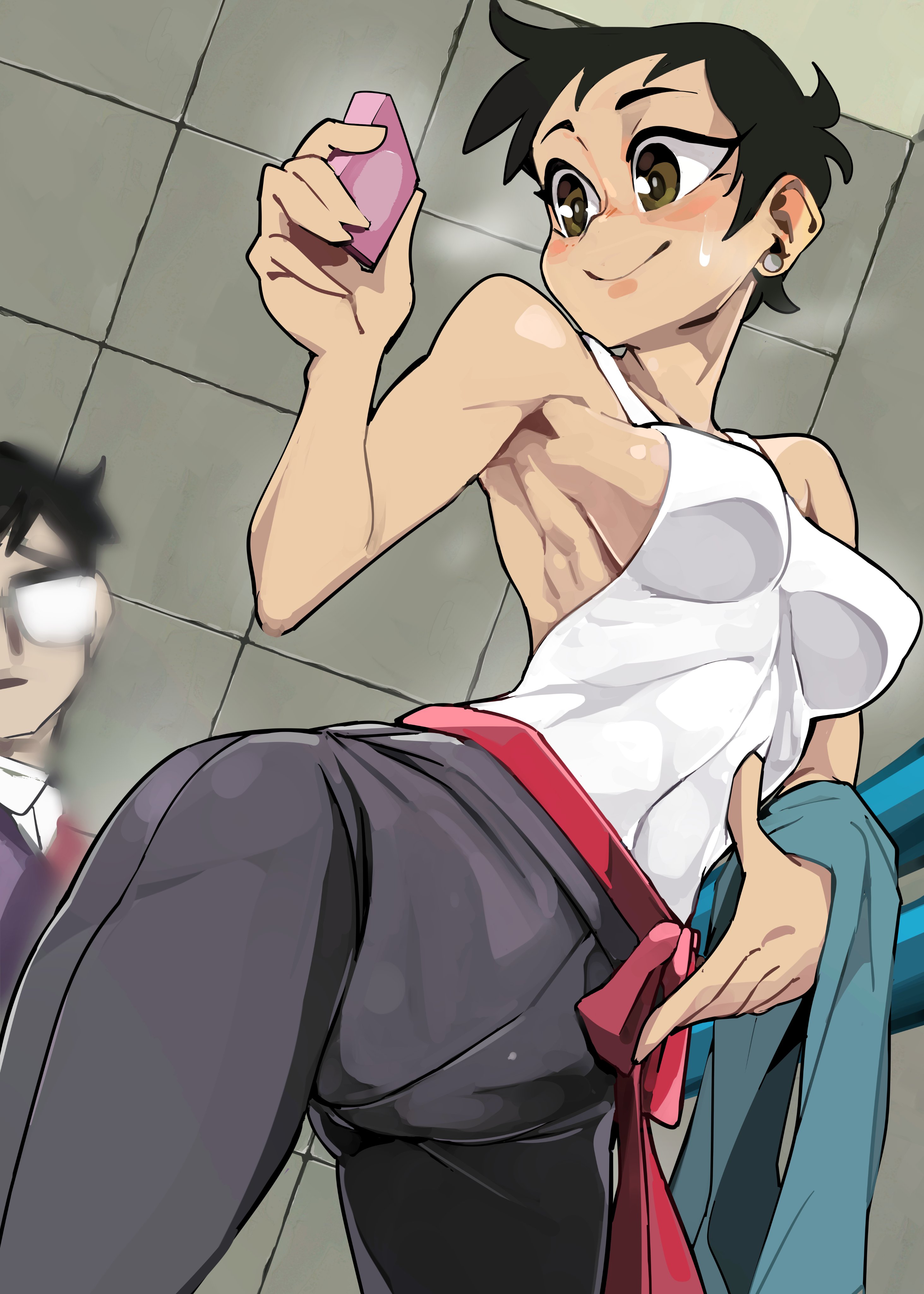 1girls, absurd res, black hair, blush, bongfillstudent, breasts, brown eyes, clark kent, clark kent (my adventures with superman), dc, dc comics, female, female focus, fit, fit female, kal-el, lois lane, lois lane (my adventures with superman), my adventures with superman, short hair, sideboob, smile, superman, superman (clark kent), superman (series), tank top, tomboy