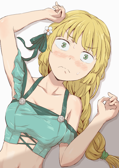 1girls alternate_costume better_version_at_source bikini blonde_hair blush breasts embarrassed female female_only fire_emblem fire_emblem:_three_houses fire_emblem_heroes green_bikini green_eyes green_swimsuit ingrid_brandl_galatea ingrid_brandl_galatea_(summer) kuhuku006f86 medium_breasts nervous nintendo official_alternate_costume solo sweat swimsuit