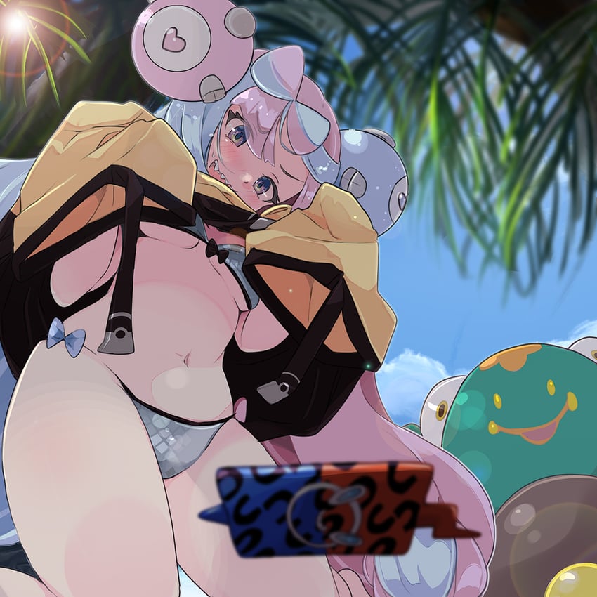 1girls adapted_costume bikini blue_hair blush bow-shaped_hair breasts character_hair_ornament day depth_of_field from_below grey_bikini hair_ornament harabarie heart iono_(pokemon) jacket long_hair looking_down nanjamo_(pokemon) navel open_mouth outdoors pink_hair pokemon pokemon_ss pokemon_sv rakkogawa_rinro rotom_phone sharp_teeth swimsuit teeth thighs tree two_tone_hair undressing very_long_hair yellow_jacket