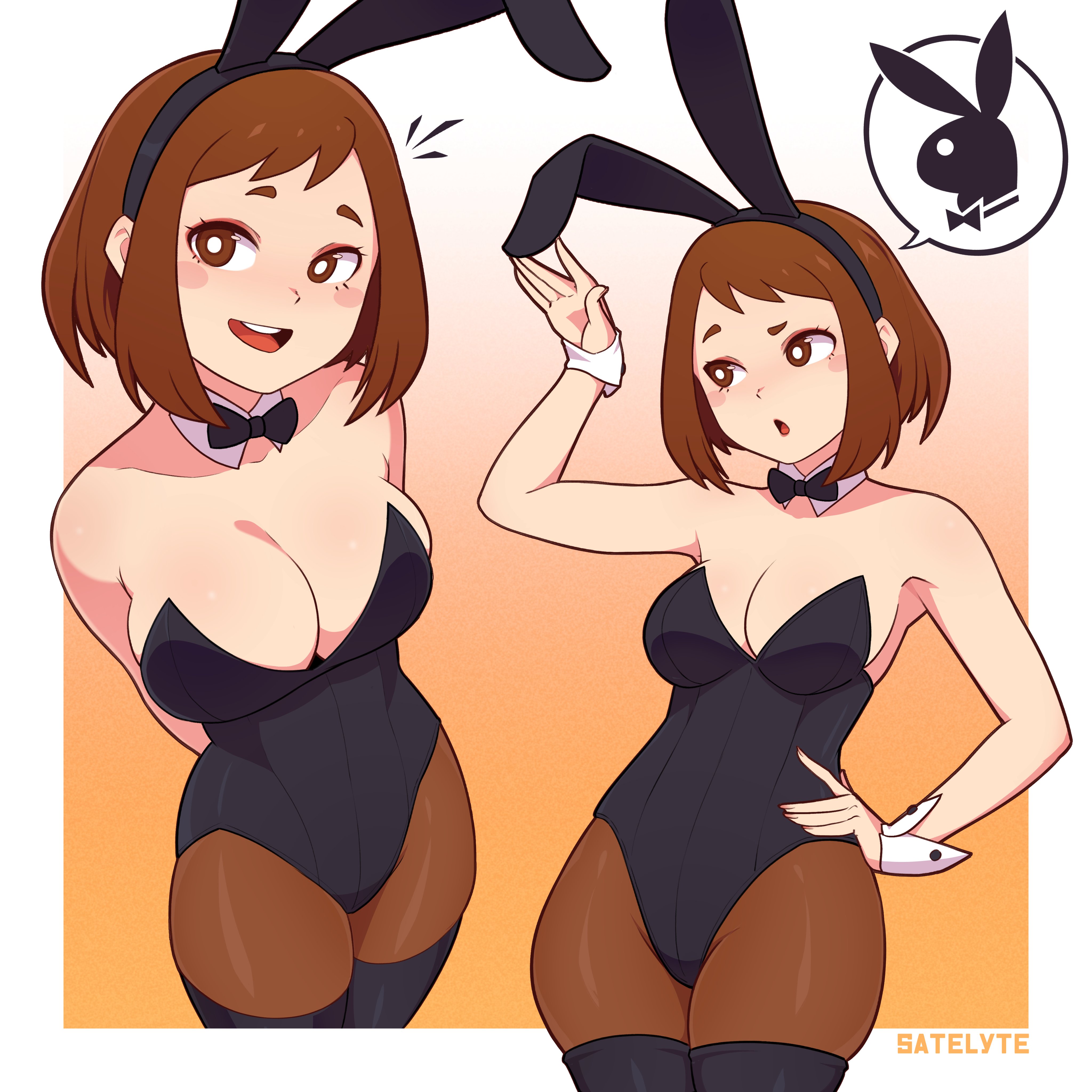 1girls, 2020s, 2023, absurd res, artist name, bare shoulders, big breasts, boku no hero academia, breasts, brown hair, brown-haired female, bunny ear, bunny ears, bunny girl, bunnysuit, busty, fake animal ears, female, female only, gradient background, hi res, large breasts, legwear, my hero academia, ochako uraraka, open mouth, orange background, rabbit ears, satelyte, short hair, solo, stockings, teenage female, teenager, uraraka ochako