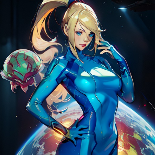 1girls ai_generated alternate_version_available blonde_hair blue_eyes female in_space metroid metroid_(creature) pixai pooplool samus samus_aran slim_female slim_figure solo tagme thin thin_female zero_suit_samus