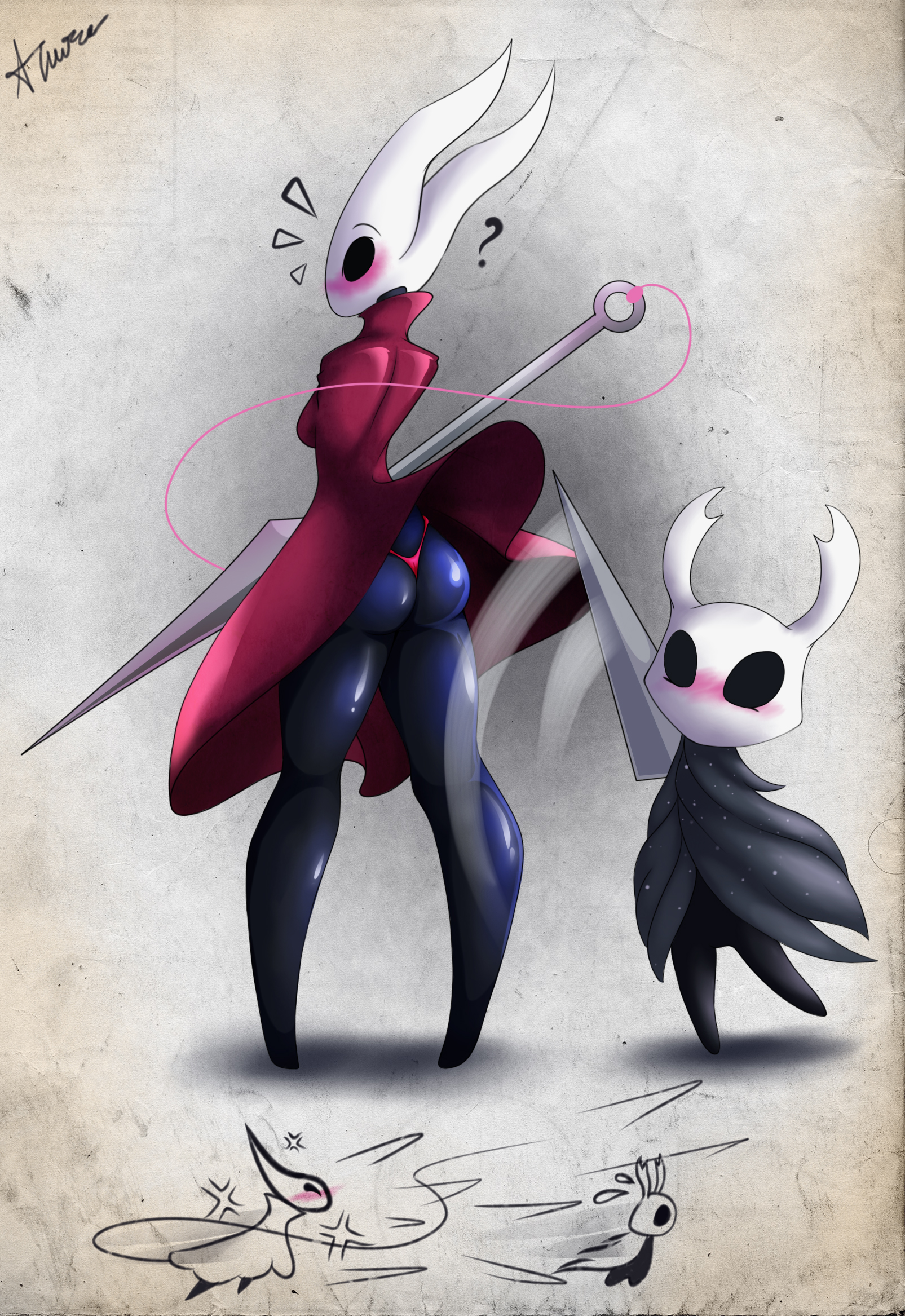 ass, azura inalis, big ass, bikini bottom, breasts, female, hollow knight, hornet (hollow knight), lifted skirt, male, medium hair, no consent, protagonist (hollow knight), red clothing, tall, tall female, taller female, the knight (hollow knight), thick thighs, thighs