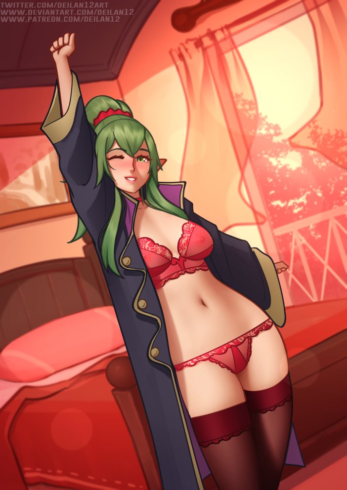 1girls alternate_costume black_legwear black_thighhighs blush bra breasts clothing coat cosplay deilan12 female female_only fire_emblem fire_emblem_awakening green_eyes green_hair legs_together lingerie long_hair looking_at_viewer matching_underwear medium_breasts nintendo nipples one_eye_closed panties ponytail red_bra red_panties robin_(fire_emblem)_(cosplay) smile solo stretching thighhighs tiki_(adult)_(fire_emblem) tiki_(fire_emblem) underwear