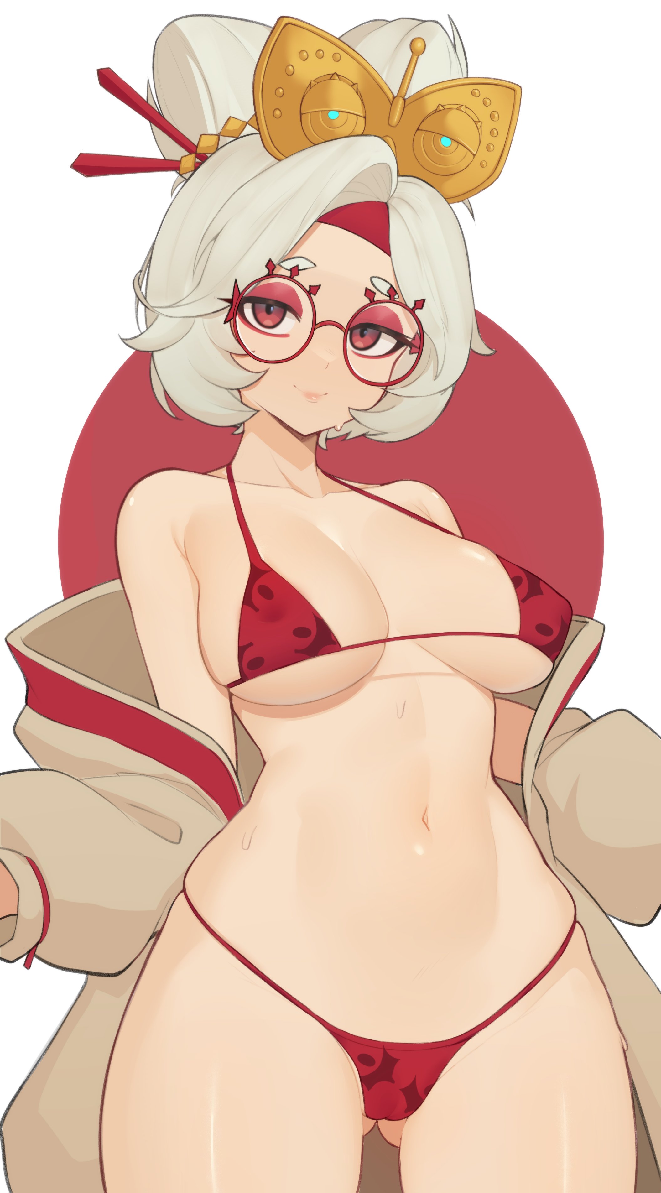 ass visible through thighs, bikini, breasts, brown coat, closed mouth, coat, collarbone, cowboy shot, eyeshadow, female, glasses, goggles, goggles on head, headband, large breasts, looking at viewer, makeup, moursho, navel, nintendo, off shoulder, purah, purah (tears of the kingdom), pussy, red eyes, red eyeshadow, red headband, red-framed eyewear, round eyewear, short eyebrows, smile, solo, stomach, sweat, swimsuit, tears of the kingdom, the legend of zelda, the legend of zelda: tears of the kingdom, thighs, uncensored, white hair, wide hips