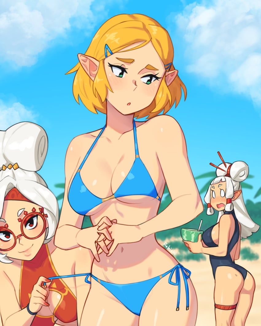 3girls ass bikini blonde_hair blue_bikini blush breasts cleavage cloud curvy_figure day embarrassed eyelashes facial_mark female_focus forehead_mark glasses green_eyes hair_ornament hair_stick hair_tubes hairclip hi_res looking_at_viewer makeup multiple_girls navel one-piece_swimsuit parted_bangs paya_(the_legend_of_zelda) pointy_ears princess_zelda pulling_clothing pulling_panties pulling_swimsuit purah purah_(tears_of_the_kingdom) red-framed_glasses red_bikini red_eyes red_nails rob_ishi round_eyewear sand short_blonde_hair short_hair sidelocks sky swimsuit tears_of_the_kingdom the_legend_of_zelda thighs tight_clothing white_hair zelda_(tears_of_the_kingdom)