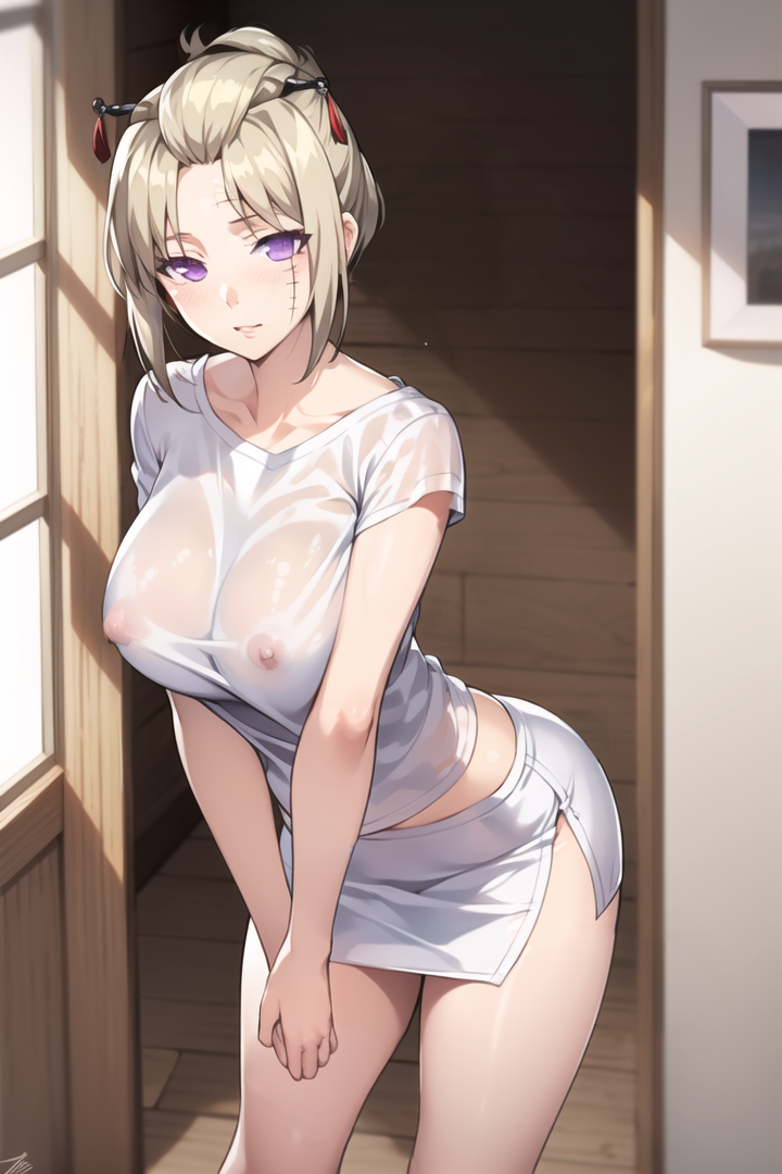 ai_generated alternate_costume big_breasts blonde_hair facial_scar female female_only gintama kunai leaning_forward miniskirt nipples_visible_through_clothing no_bra purple_eyes side_slit solo t-shirt tied_hair tsukuyo tsukuyo_filler wet_clothes wet_shirt