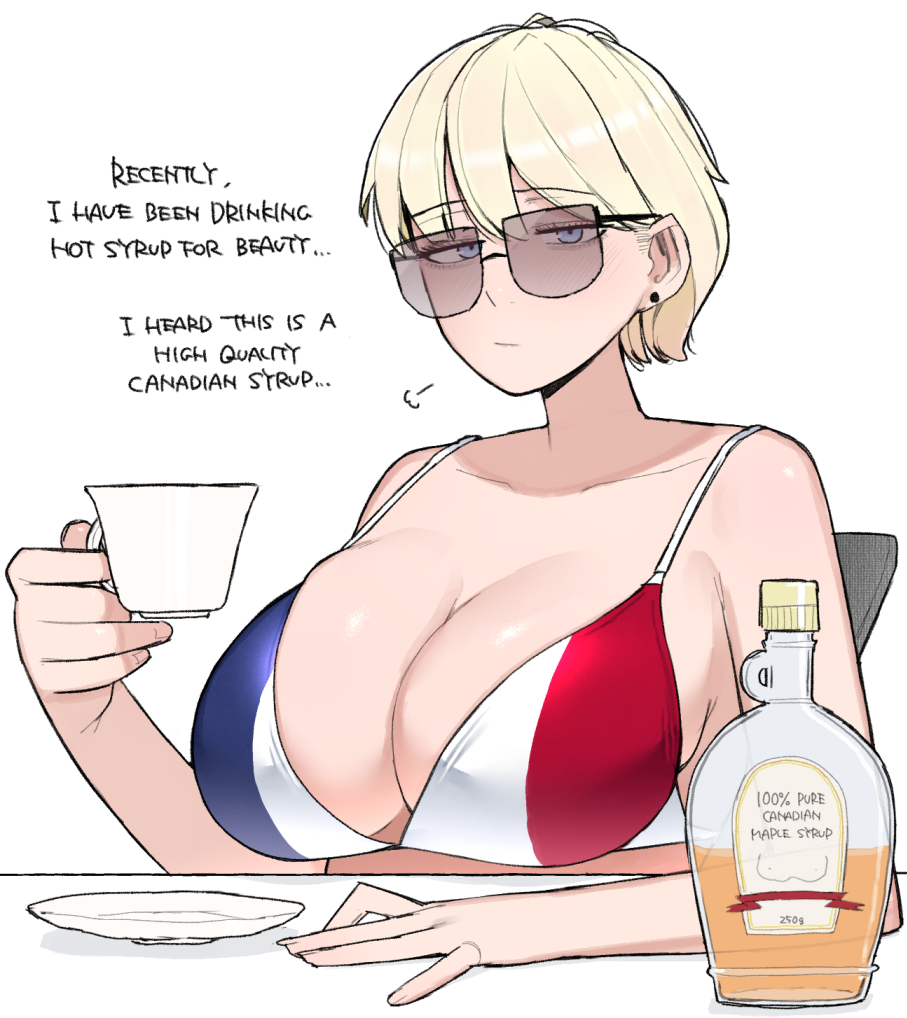 1girls 2d big_breasts bikini blonde_hair breasts breasts_bigger_than_head emotionless english_text expressionless female female_only flag_bikini flag_print france france_(ohasi) french french_flag_bikini glasses looking_at_viewer maple_syrup ohasi short_hair simple_background sunglasses swimsuit tea_cup teacup text tinted_eyewear